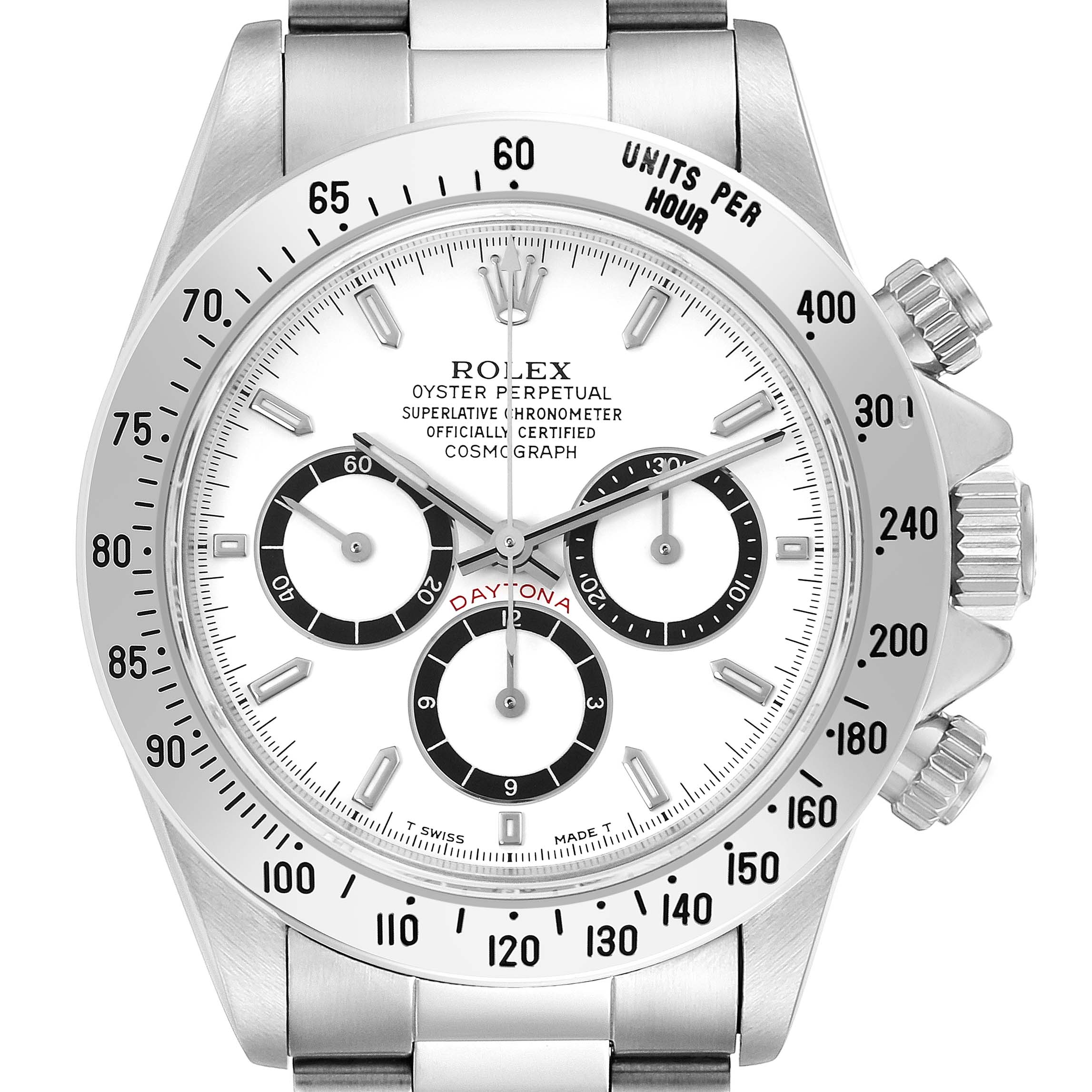 The image shows a front view of the Rolex Daytona 16520 Men's Stainless Steel White Dial 16520 Men's Stainless Steel White Dial, highlighting the dial, bezel, and pushers.
