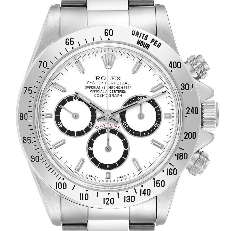 The image shows a front view of the Rolex Daytona, highlighting the dial, bezel, and pushers.