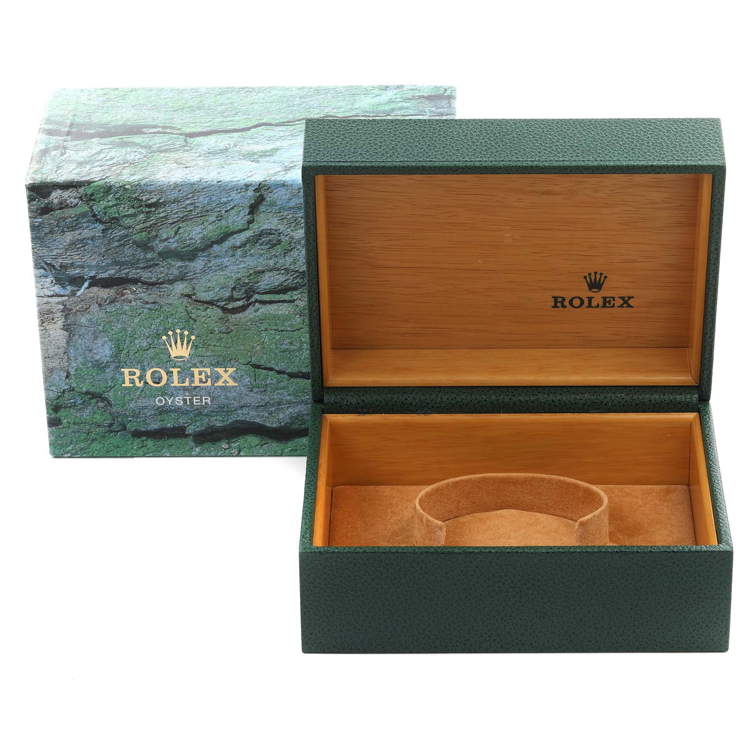 The image shows a Rolex Daytona 16520 Men's Stainless Steel White Dial 16520 Men's Stainless Steel White Dial watch box open at a slight angle, revealing the inner lining and cushion.