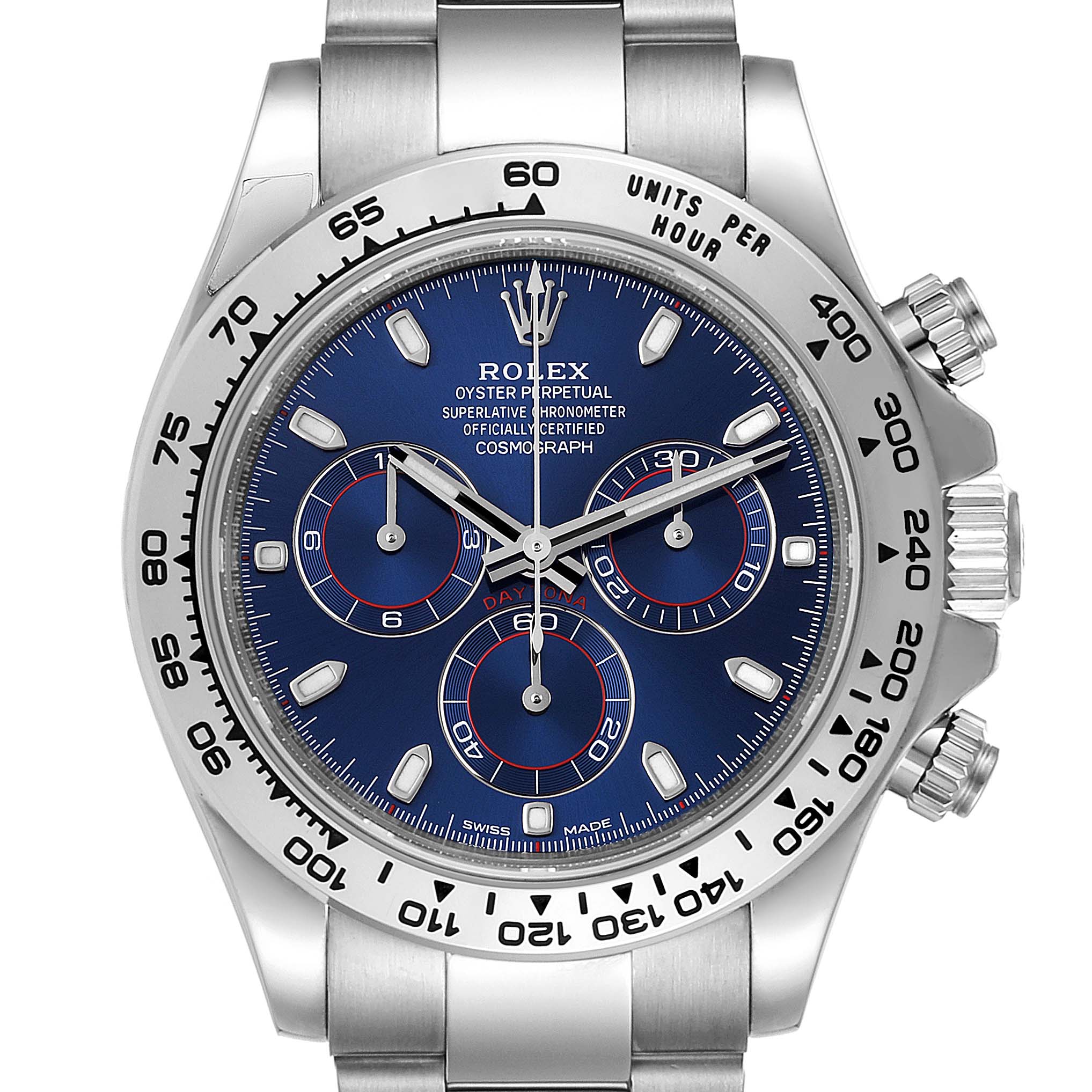 The image shows a front view of a Rolex Daytona 116509 Men's White Gold Blue Dial 116509 Men's White Gold Blue Dial watch, highlighting its dial, bezel, and chronograph subdials.