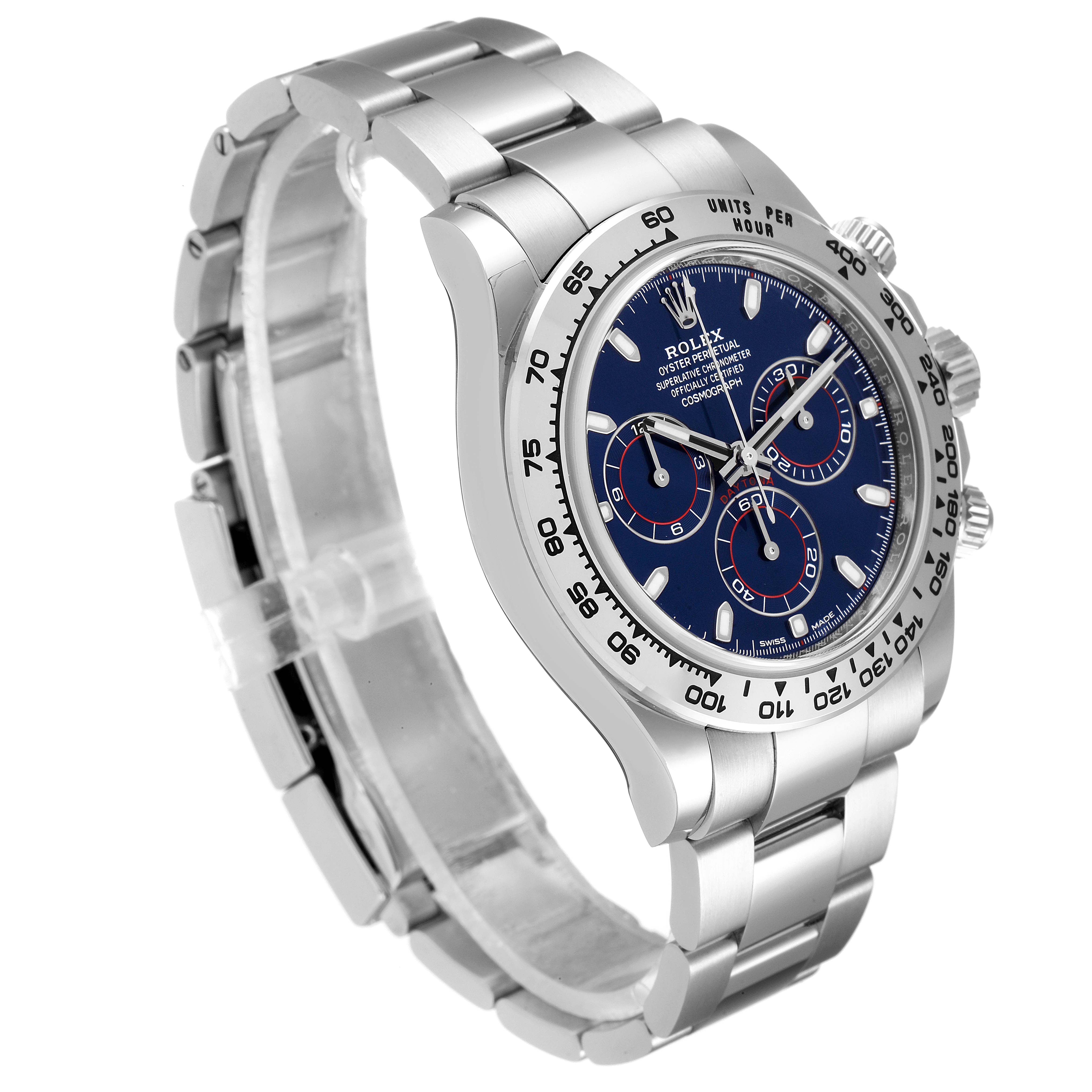 The image shows a side and front angled view of a Rolex Daytona 116509 Men's White Gold Blue Dial 116509 Men's White Gold Blue Dial watch, highlighting the face, bezel, and part of the bracelet.