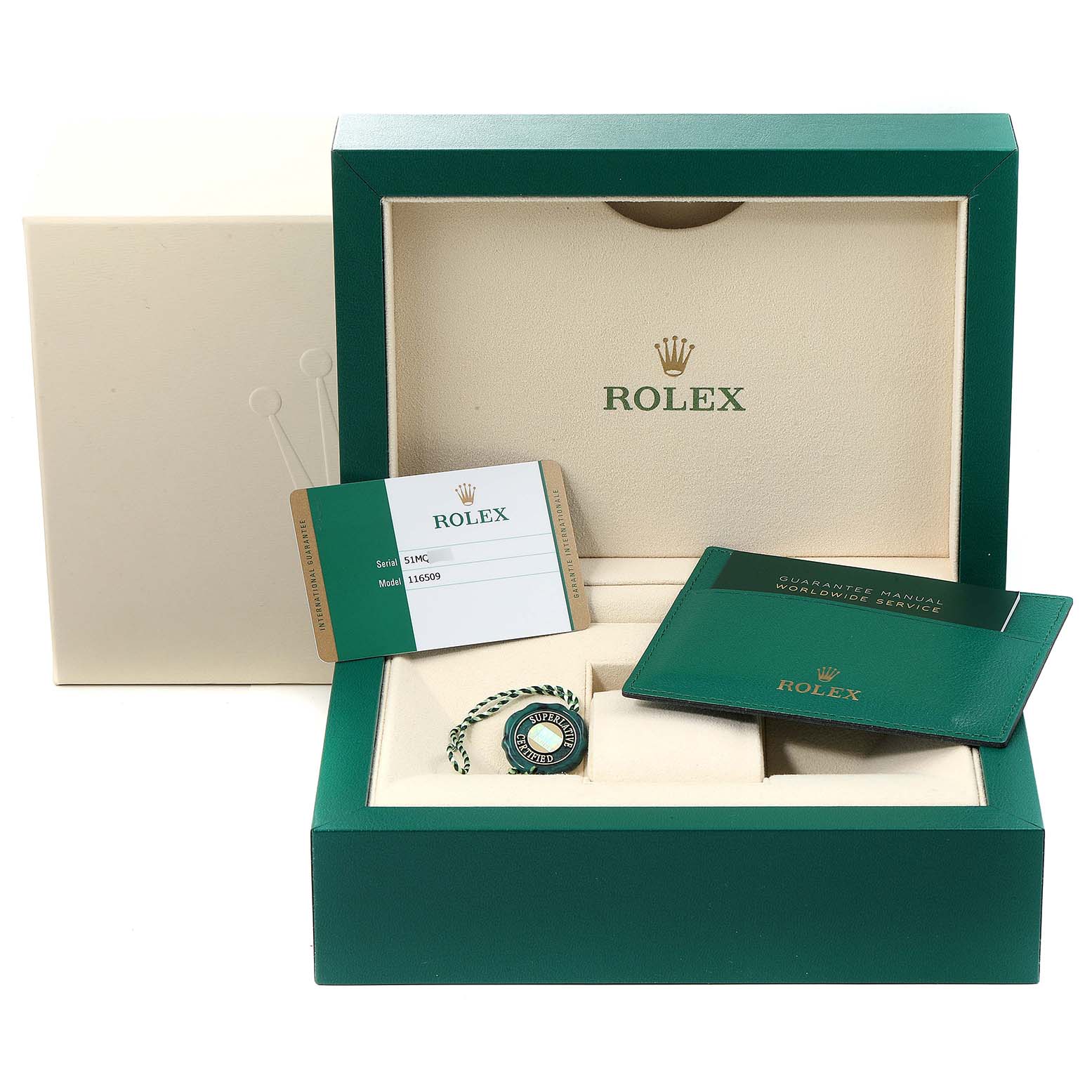 The image shows the open packaging of a Rolex Daytona 116509 Men's White Gold Blue Dial 116509 Men's White Gold Blue Dial, including the box, guarantee manual, and authenticity card.