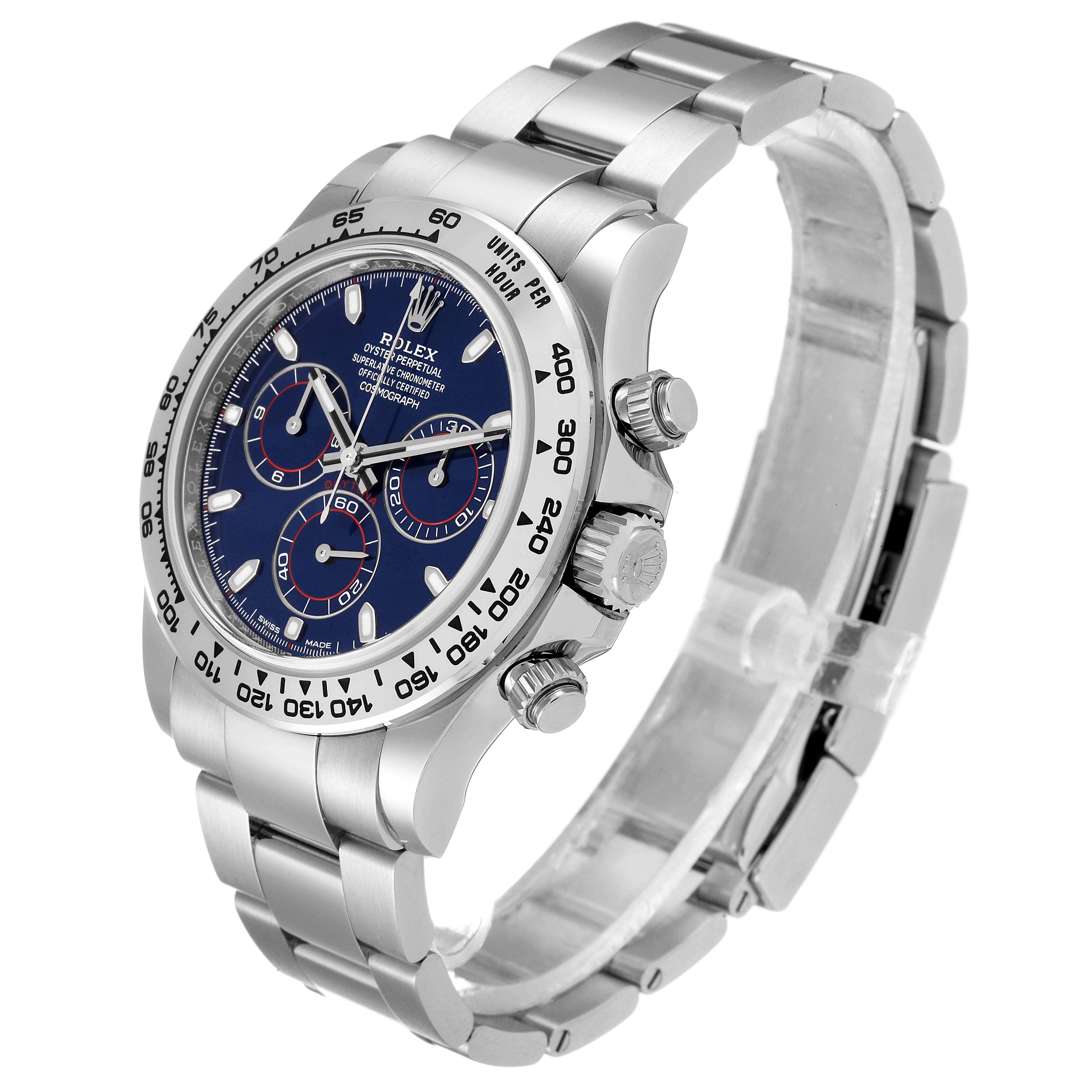 This Rolex Daytona 116509 Men's White Gold Blue Dial 116509 Men's White Gold Blue Dial watch is shown at a three-quarter angle, displaying the face, bezel, and bracelet.