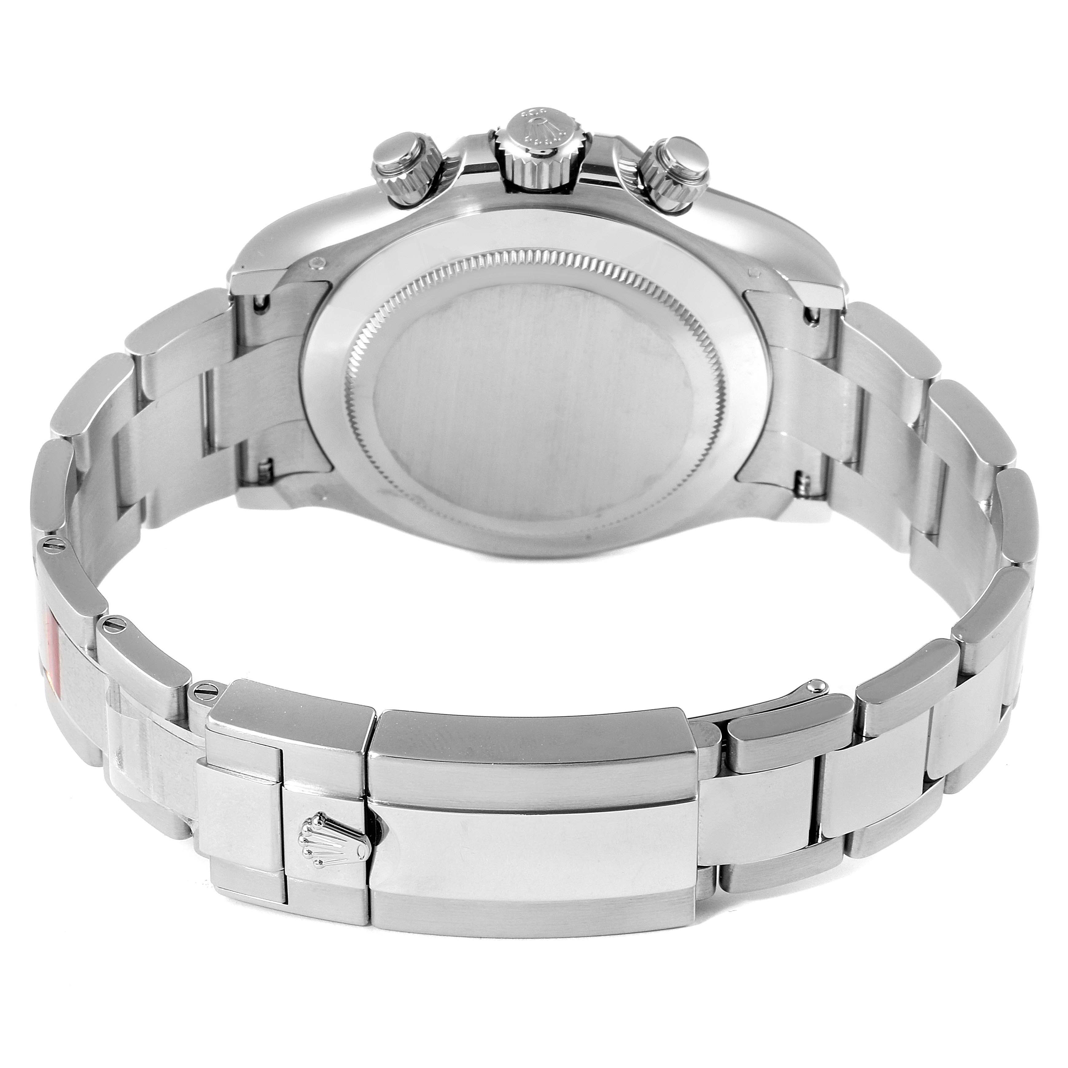 This image shows the back and clasp of a Rolex Daytona 116509 Men's White Gold Blue Dial 116509 Men's White Gold Blue Dial watch, including the bracelet and crown.