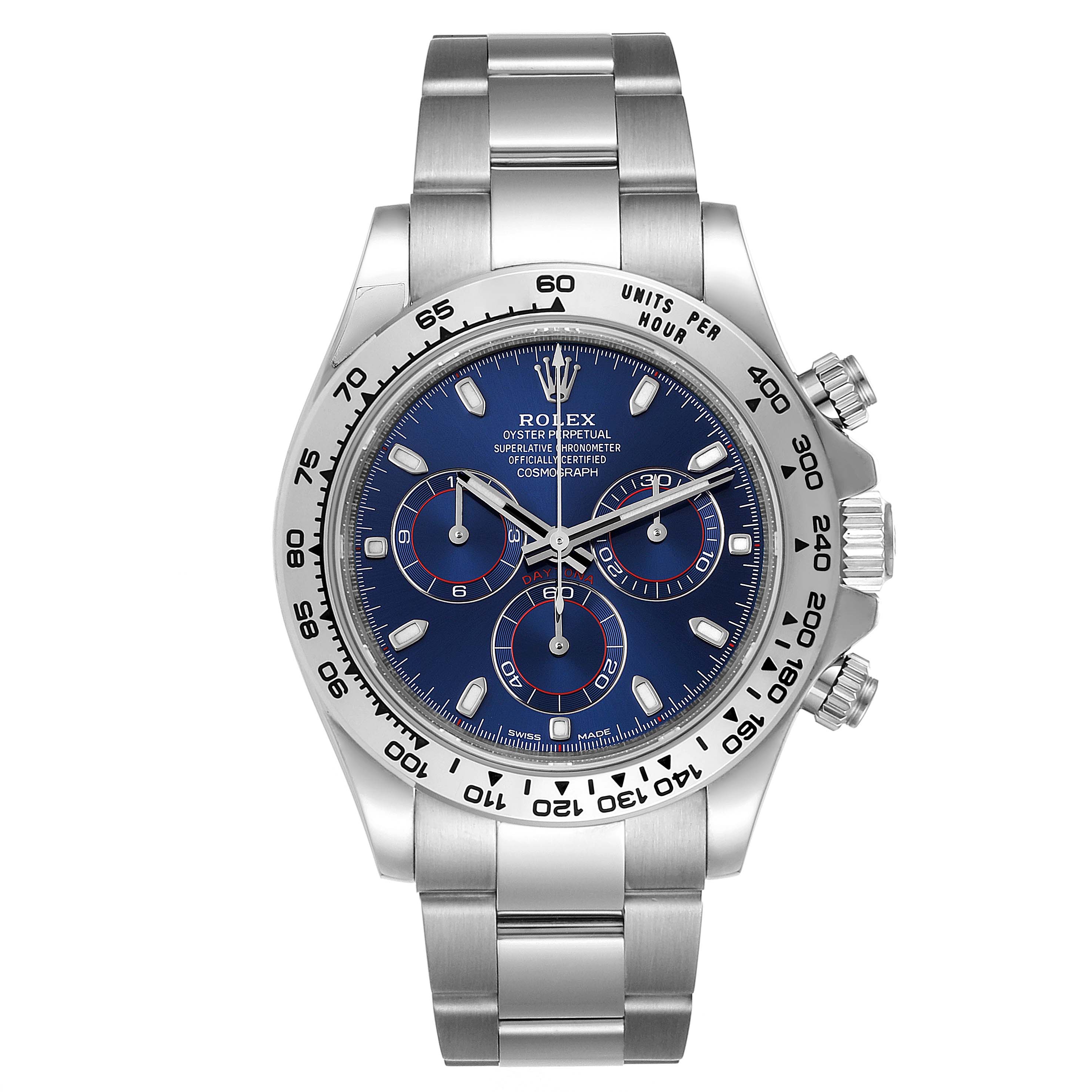 This image shows a front view of a Rolex Daytona 116509 Men's White Gold Blue Dial 116509 Men's White Gold Blue Dial watch, displaying its face, bezel, crown, and part of the bracelet.