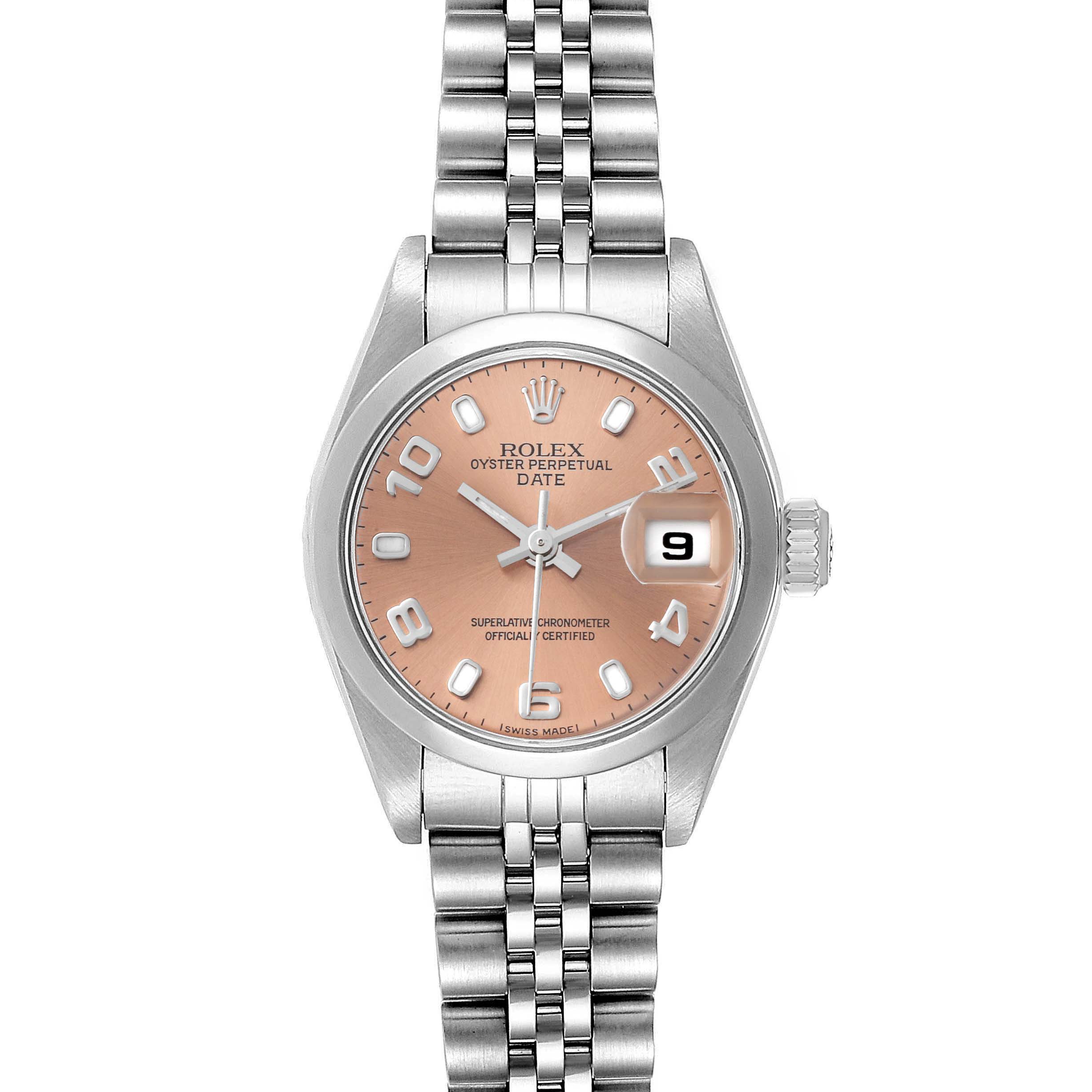 This Rolex Oyster Perpetual Date watch is shown from a front angle, displaying its face, bezel, and bracelet.