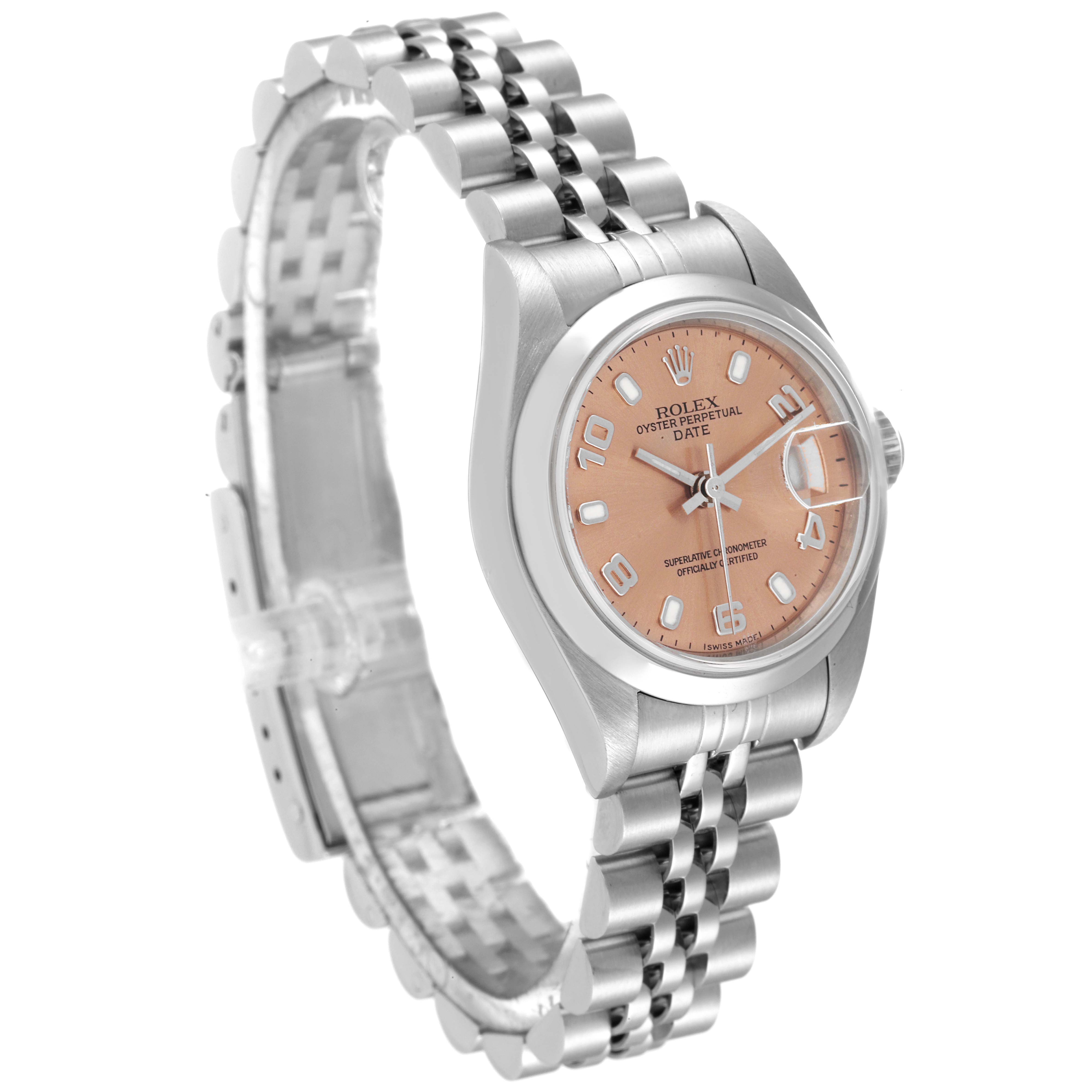 This image shows a Rolex Date 79160 Women's Stainless Steel Pink Dial 79160 Women's Stainless Steel Pink Dial model watch at a three-quarter angle, highlighting its dial, case, bracelet, and clasp.