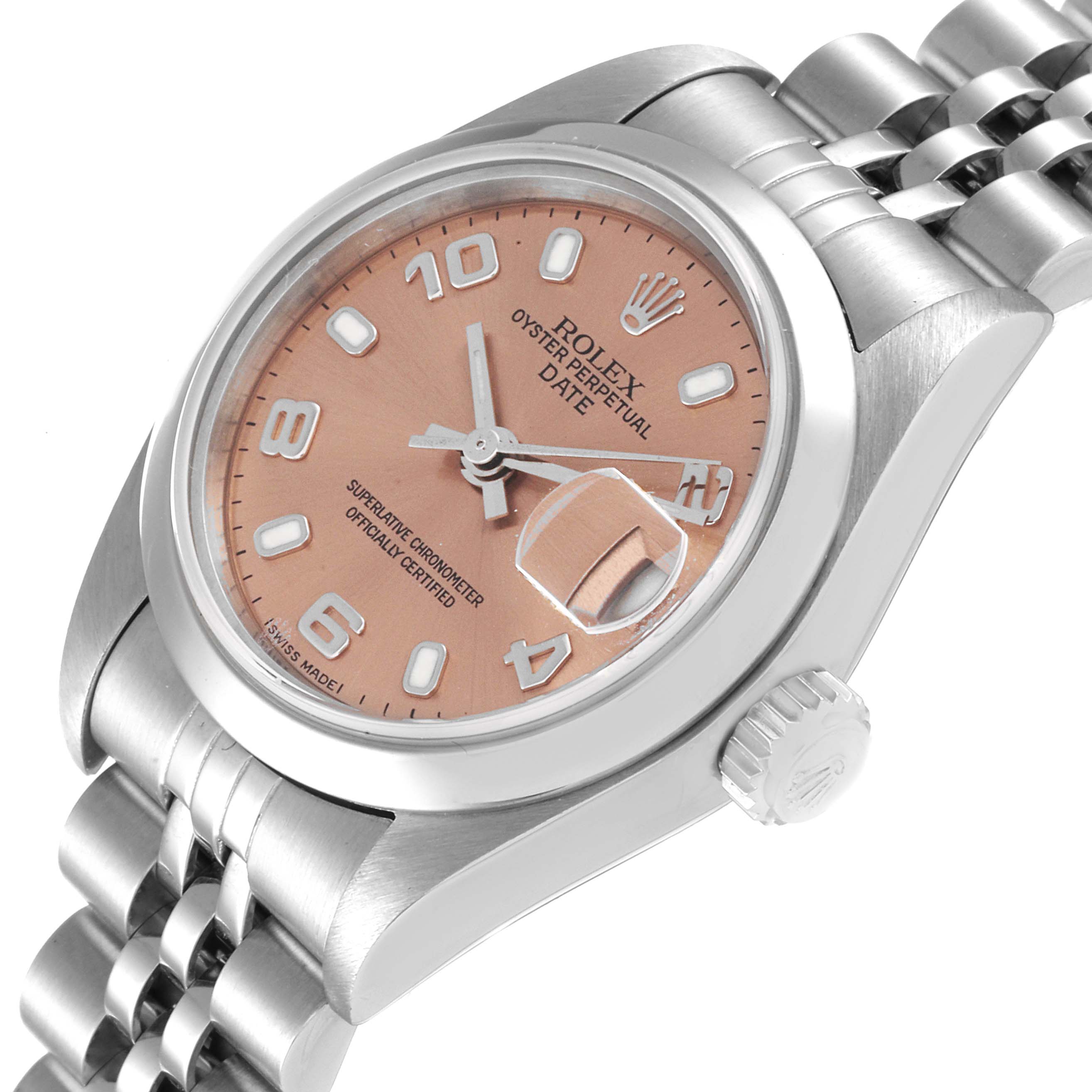 This image shows a Rolex Oyster Perpetual Date watch at a three-quarter angle, highlighting the dial, bezel, and part of the bracelet.