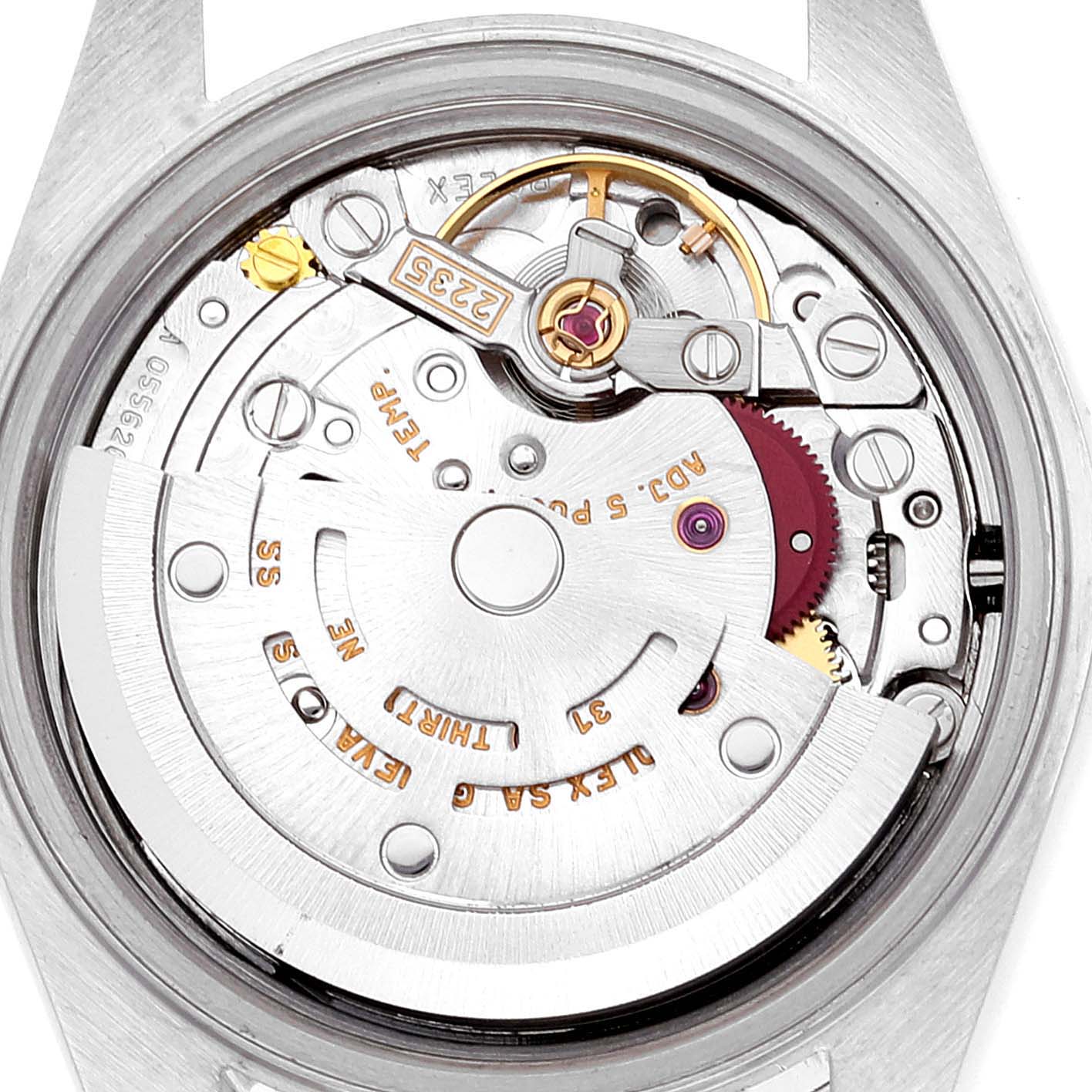 This image shows the intricate internal movement of the Rolex Date 79160 Women's Stainless Steel Pink Dial 79160 Women's Stainless Steel Pink Dial model watch from a top-down angle.