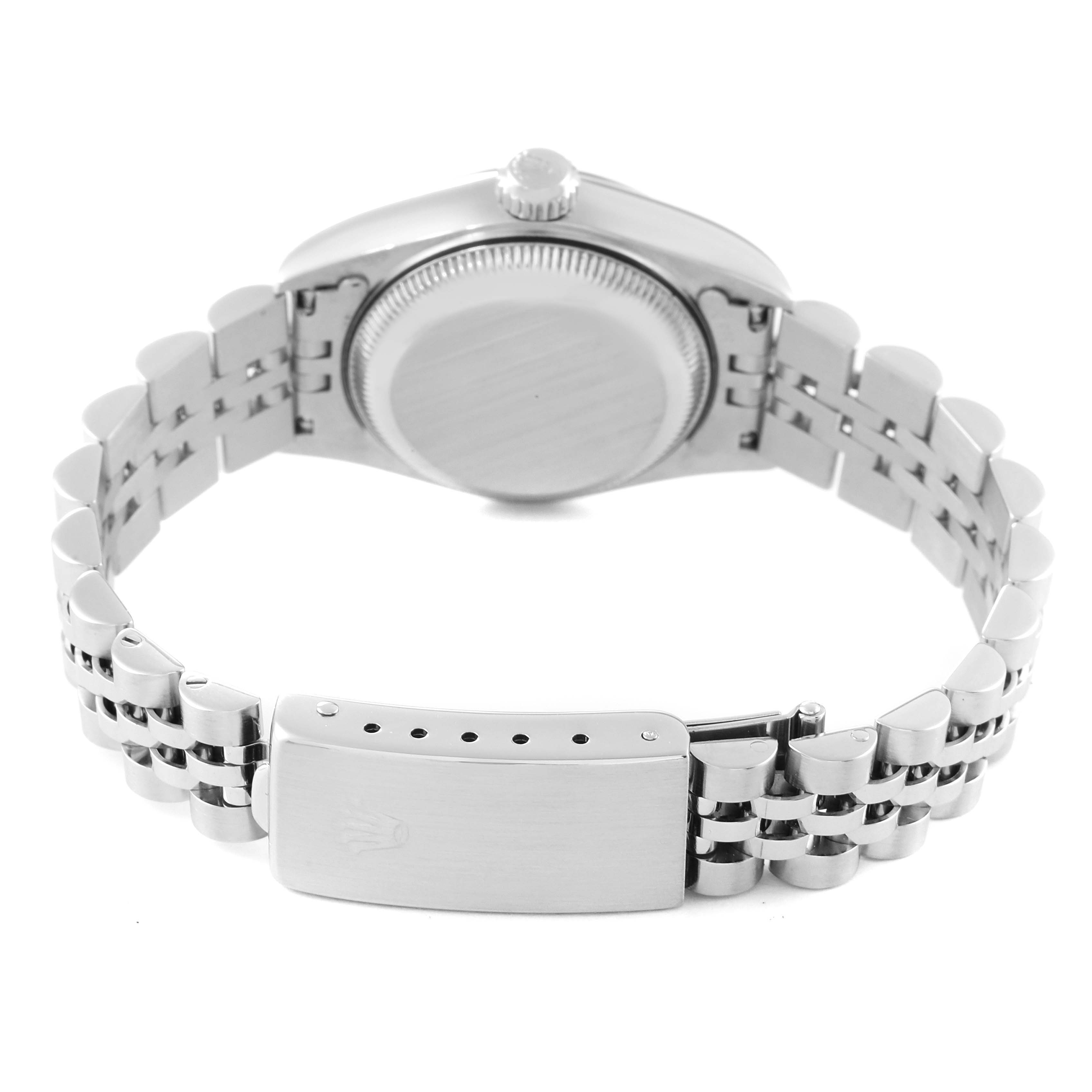 The image shows the back view of the Rolex Date 79160 Women's Stainless Steel Pink Dial 79160 Women's Stainless Steel Pink Dial model watch, highlighting its case back, crown, and bracelet with deployment clasp.