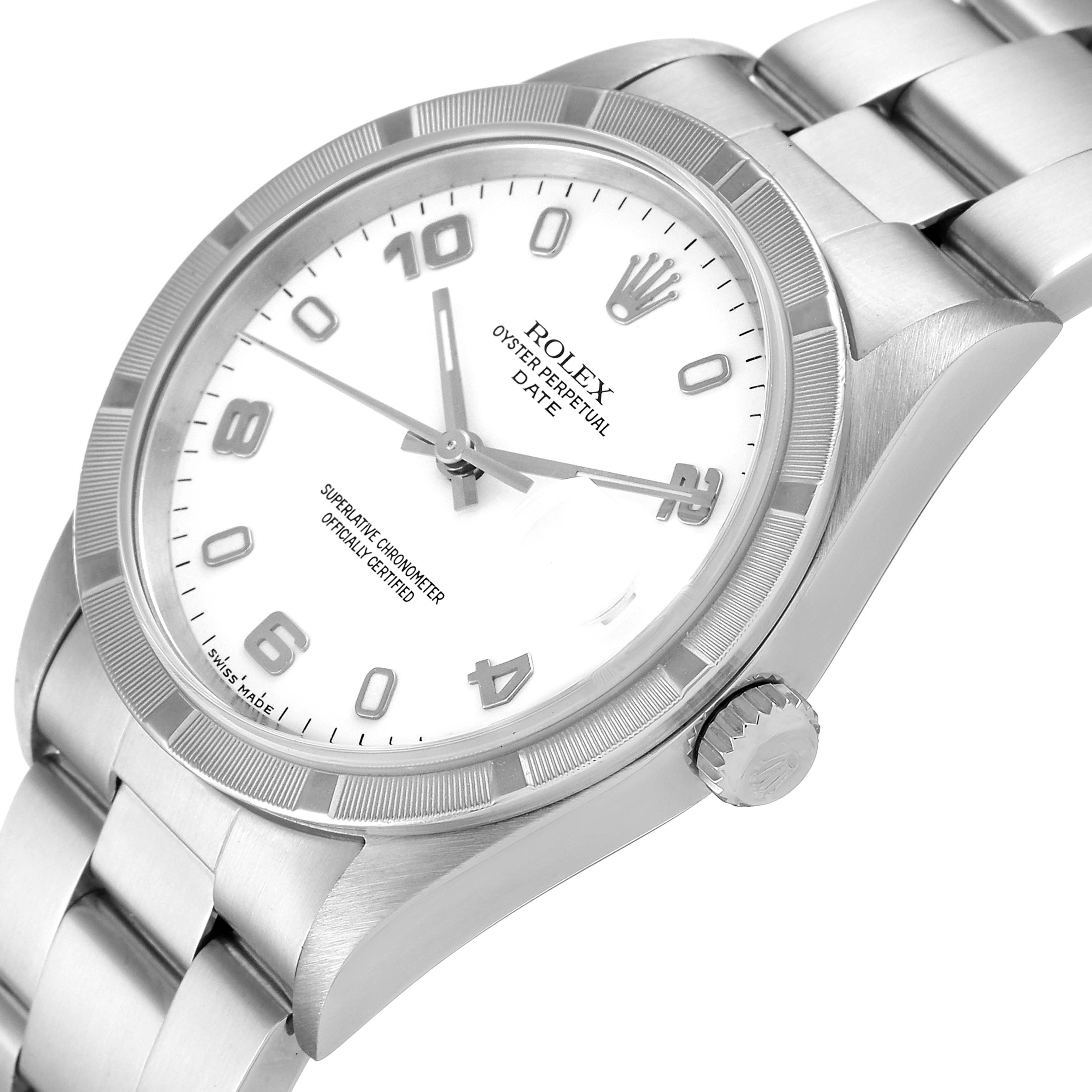 The image shows a Rolex Date 15210 Men's Stainless Steel White Dial 15210 Men's Stainless Steel White Dial model watch from an angled top-view, highlighting the face, bezel, and part of the bracelet.