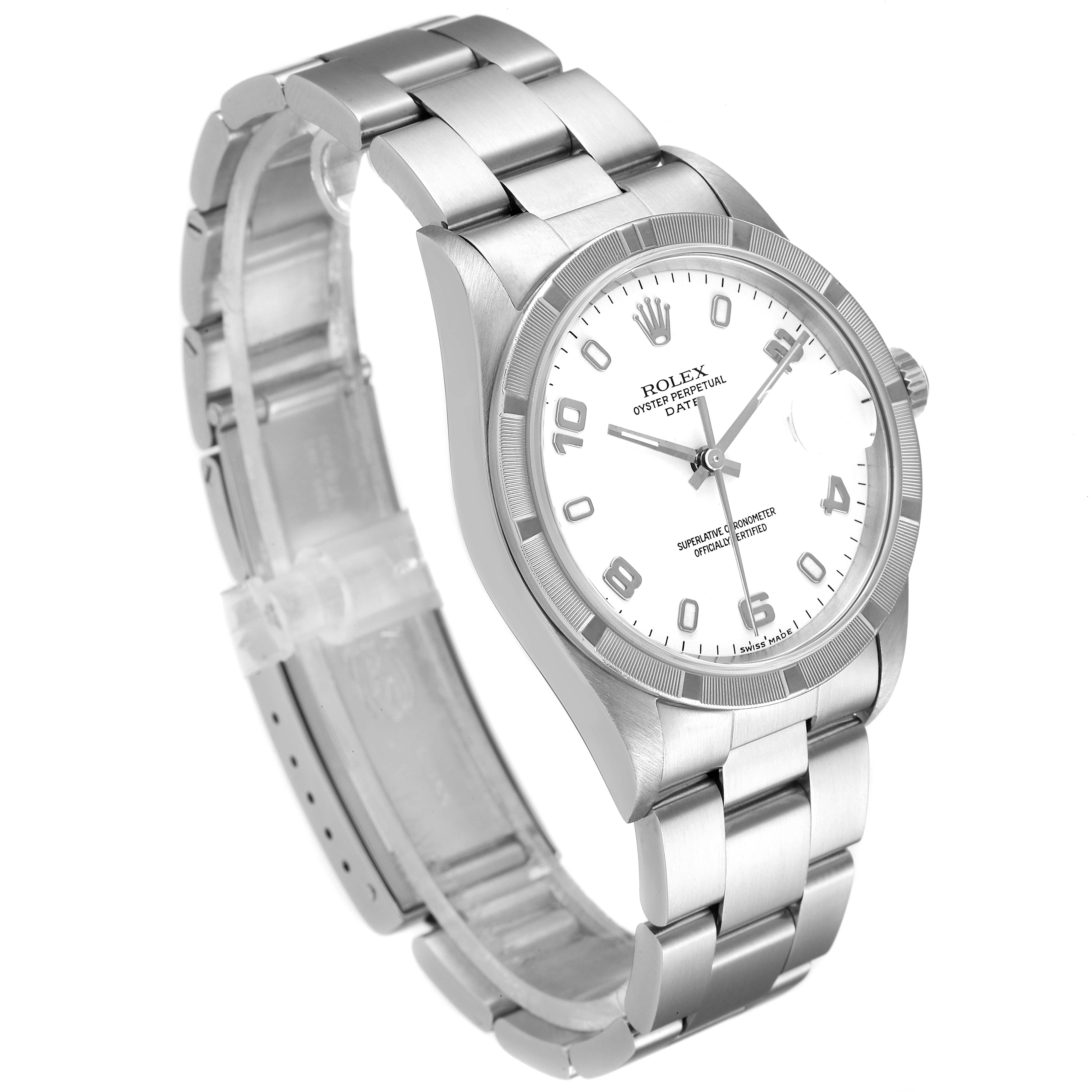 The Rolex Date 15210 Men's Stainless Steel White Dial 15210 Men's Stainless Steel White Dial model watch is shown at an angled top view, highlighting the bracelet, case, and dial.