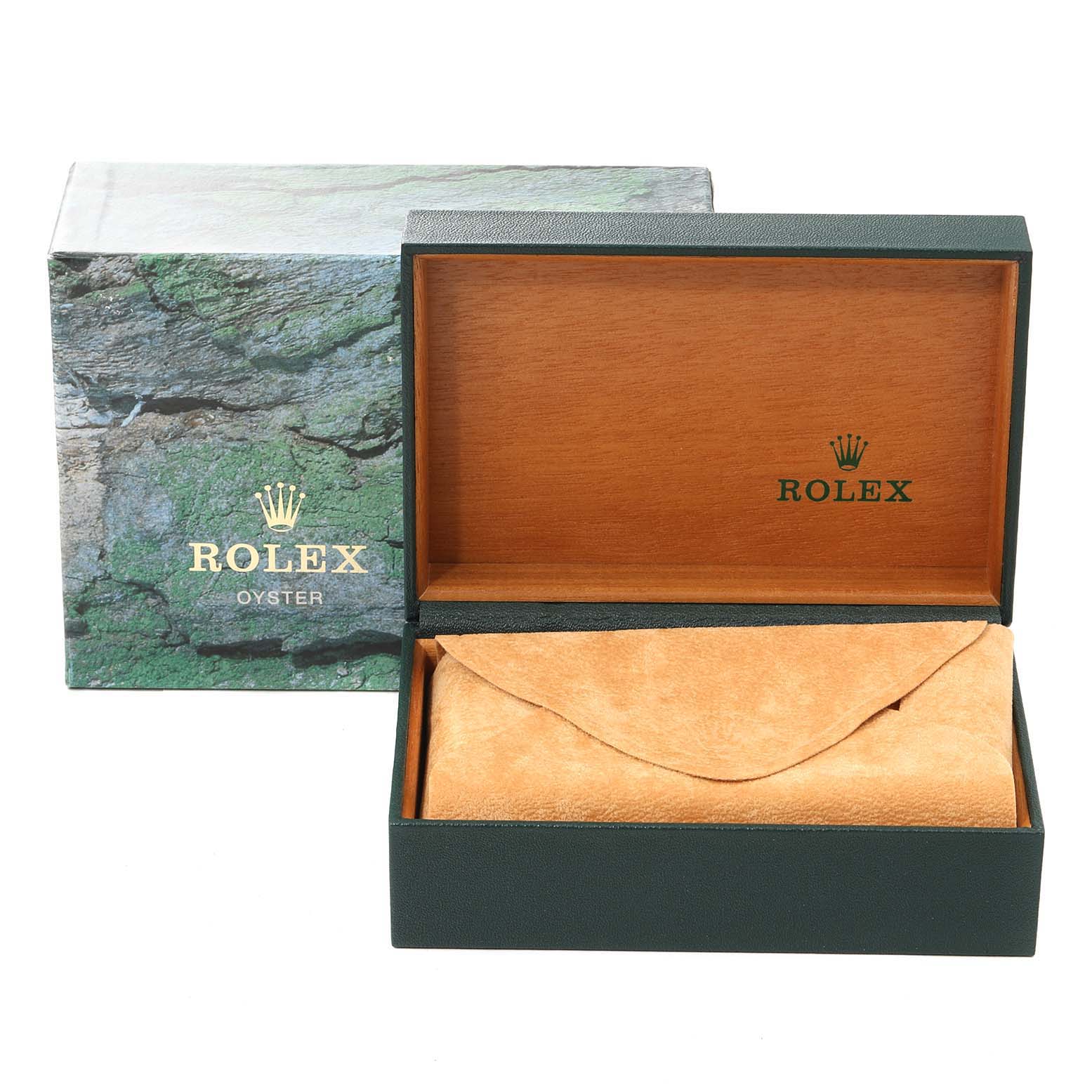 The image shows a Rolex Date 15210 Men's Stainless Steel White Dial 15210 Men's Stainless Steel White Dial model watch box with an outer sleeve and an interior suede pouch, viewed from the front.