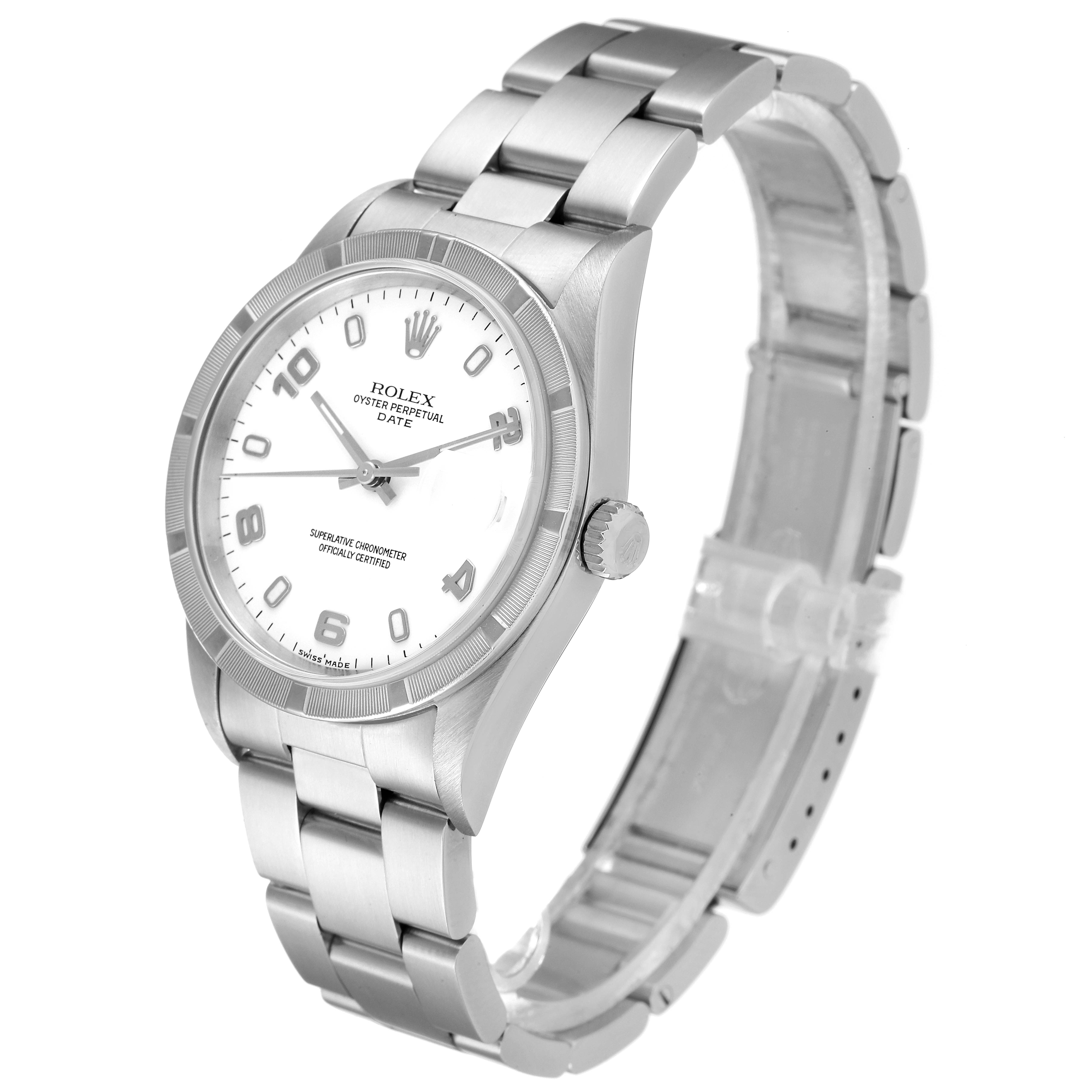 This image shows a Rolex Oyster Perpetual Date model watch from an angled side view, featuring the face, bezel, crown, and bracelet.