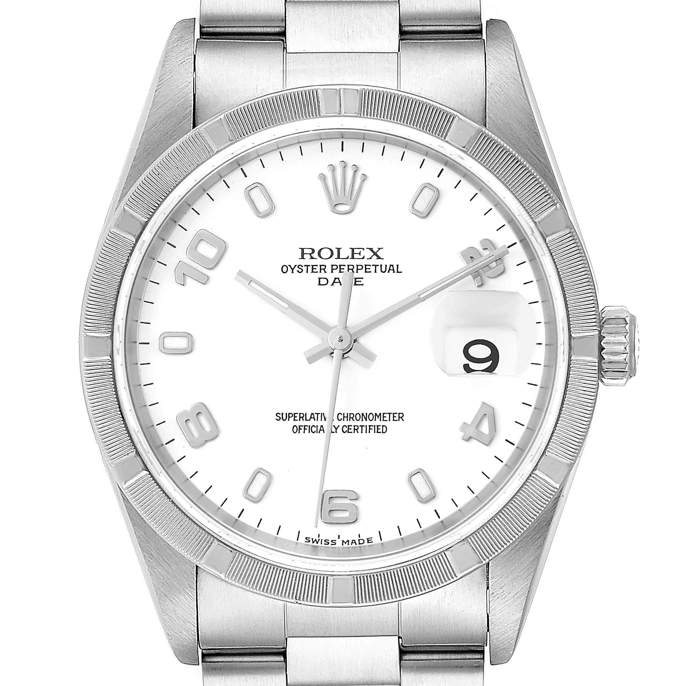 This image shows a front view of a Rolex Oyster Perpetual Date watch, displaying its dial, hands, and bracelet.