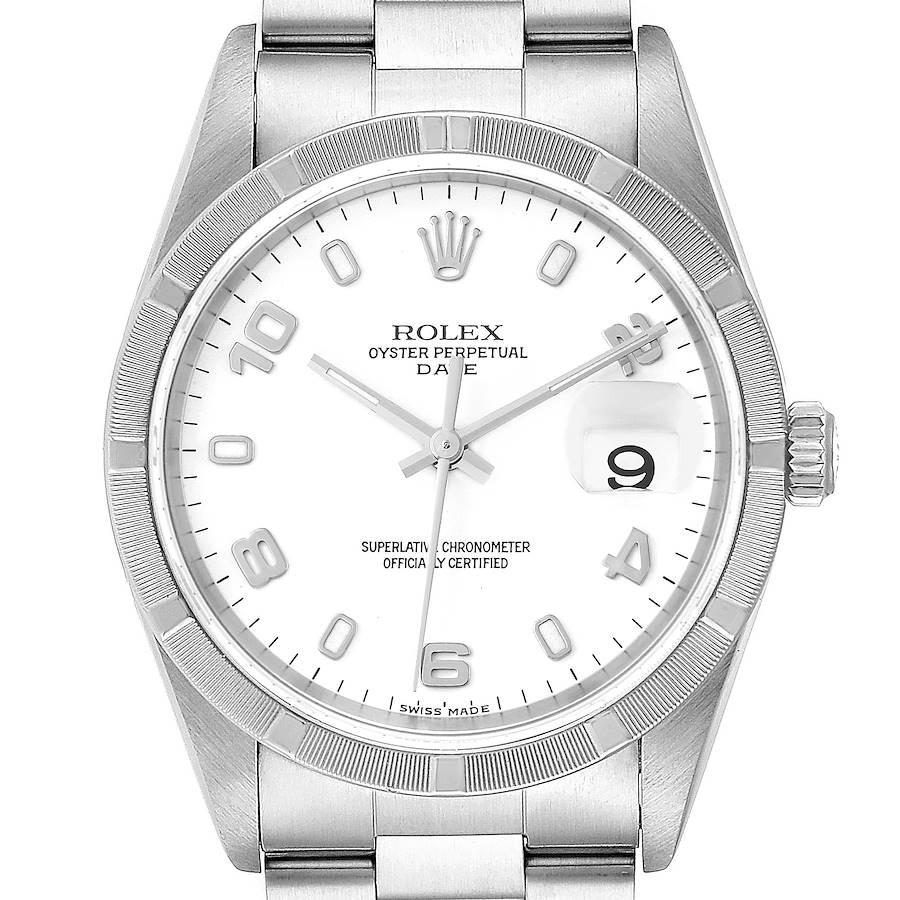 Rolex Date Stainless Steel White Dial Engine Turned Bezel Mens Watch 15210 SwissWatchExpo