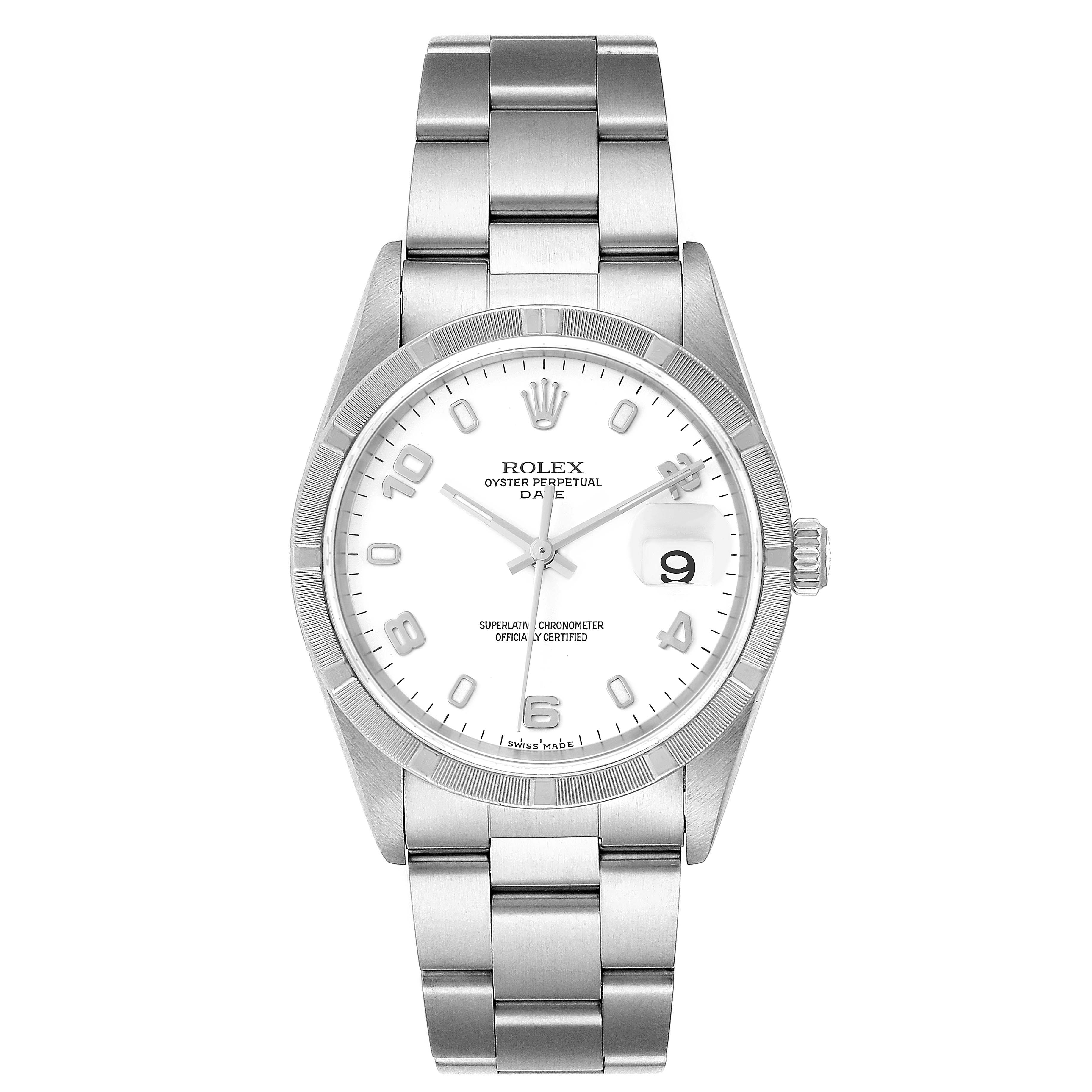 This image shows a frontal view of a Rolex Date 15210 Men's Stainless Steel White Dial 15210 Men's Stainless Steel White Dial model watch with a stainless steel bracelet and white dial.