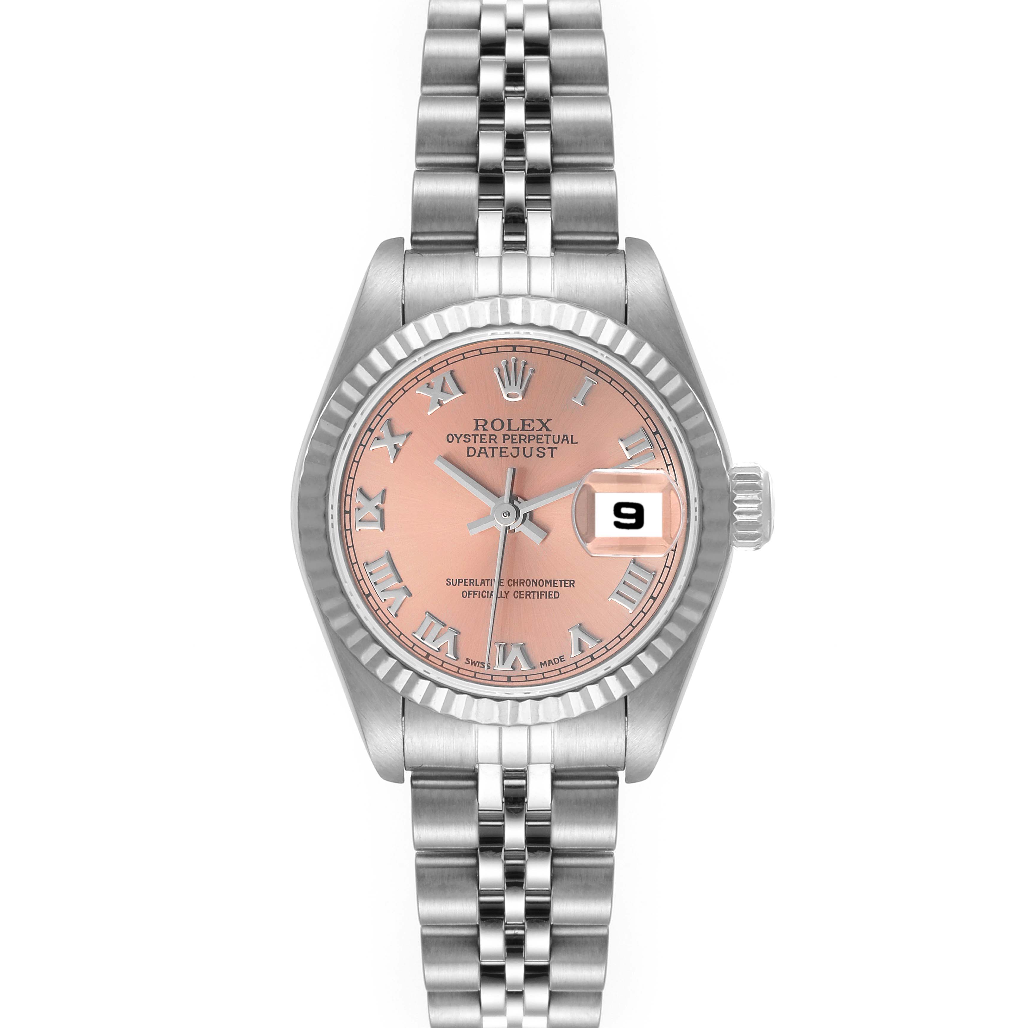 The image shows a front view of a Rolex Datejust 79174 Women's Stainless Steel Pink Dial 79174 Women's Stainless Steel Pink Dial watch, highlighting its pink dial, date window, and Jubilee bracelet.