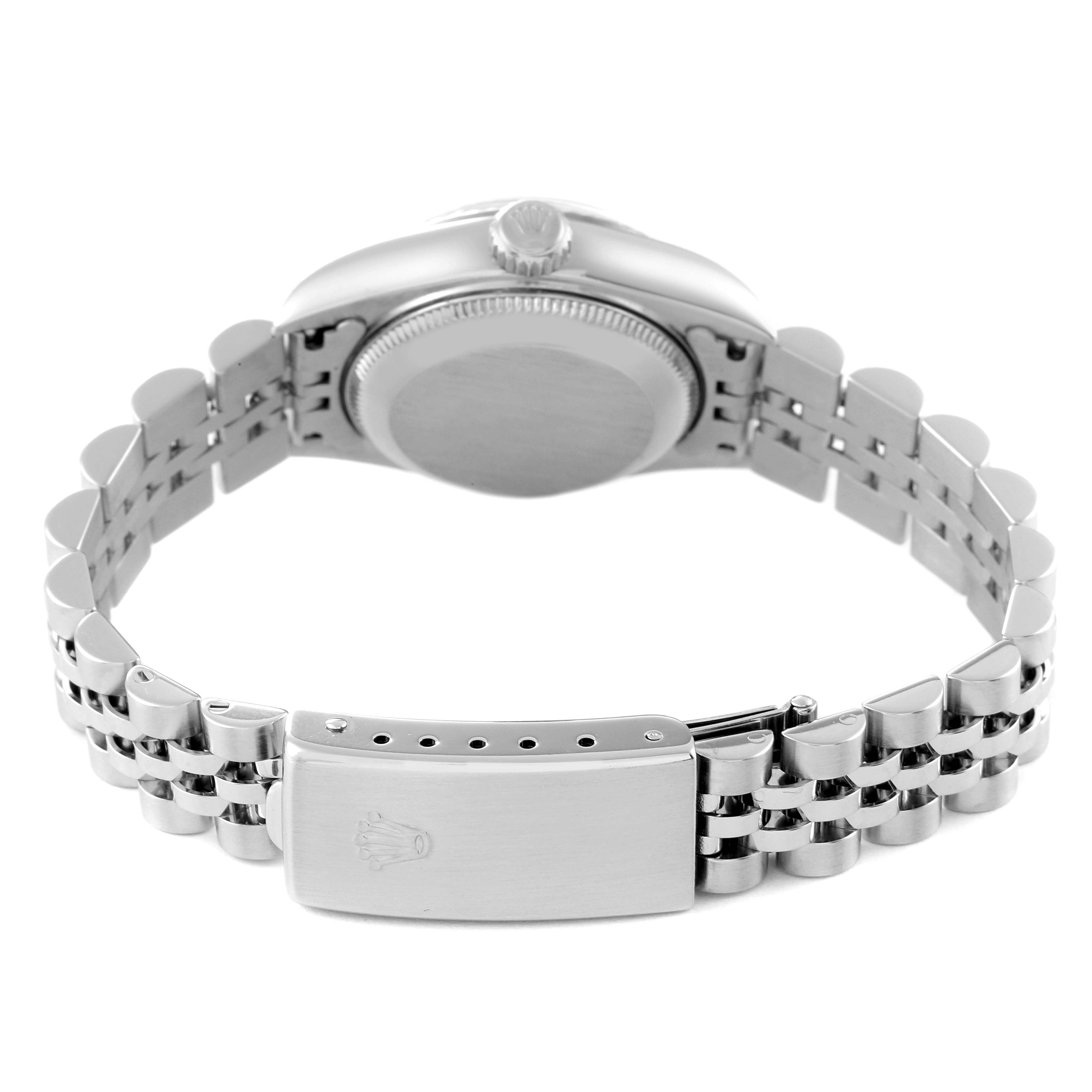 The image shows the back view of a Rolex Datejust 79174 Women's Stainless Steel Pink Dial 79174 Women's Stainless Steel Pink Dial watch, highlighting the clasp and bracelet.