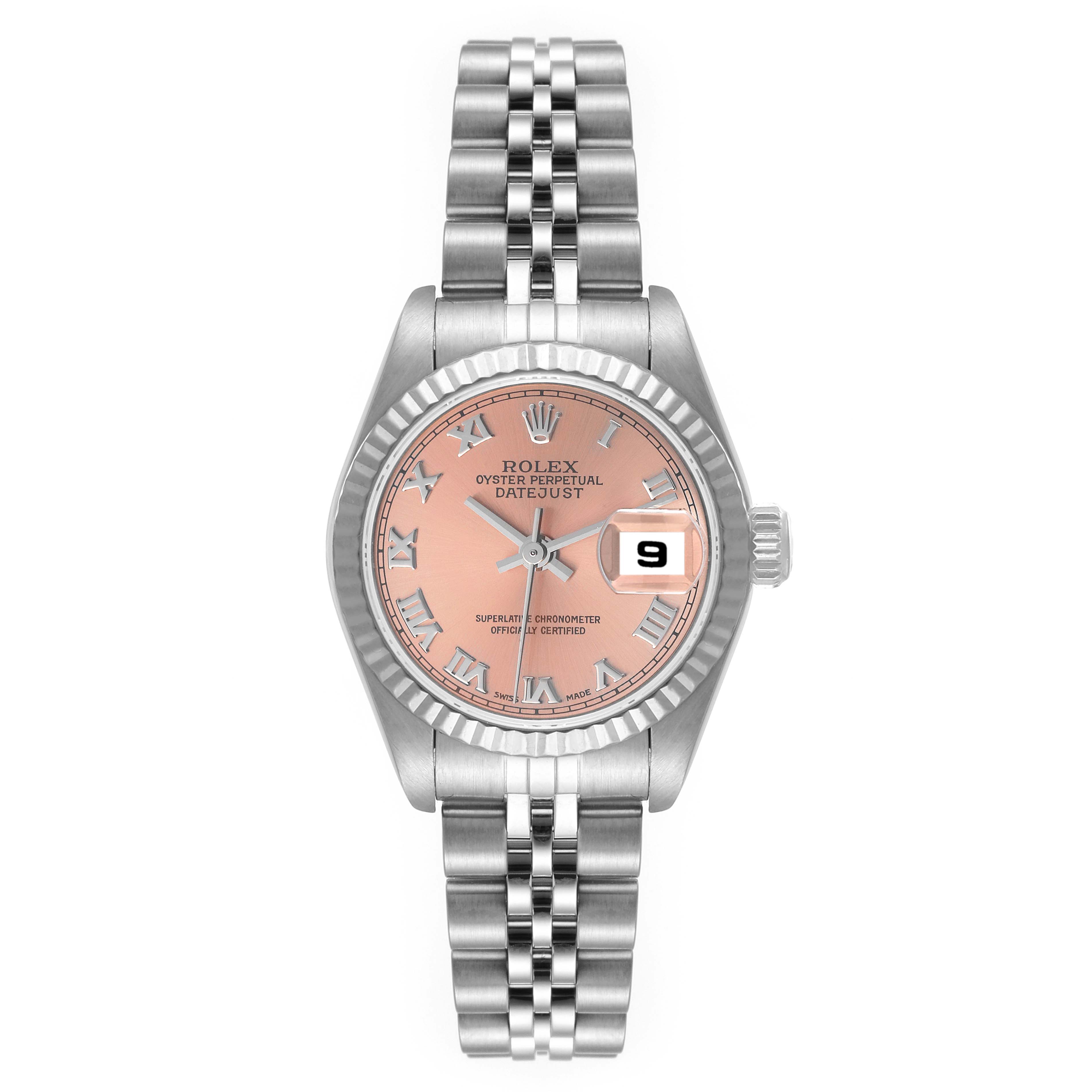 This image shows a front view of the Rolex Datejust 79174 Women's Stainless Steel Pink Dial 79174 Women's Stainless Steel Pink Dial watch, displaying its face, bezel, and part of the bracelet.