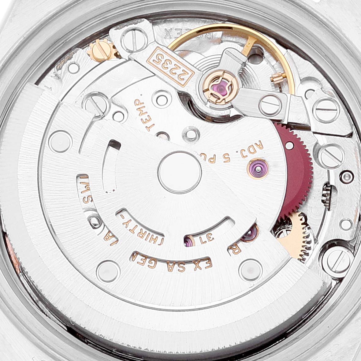 This image shows the movement mechanism of a Rolex Datejust 79174 Women's Stainless Steel Pink Dial 79174 Women's Stainless Steel Pink Dial watch, viewed from the back.