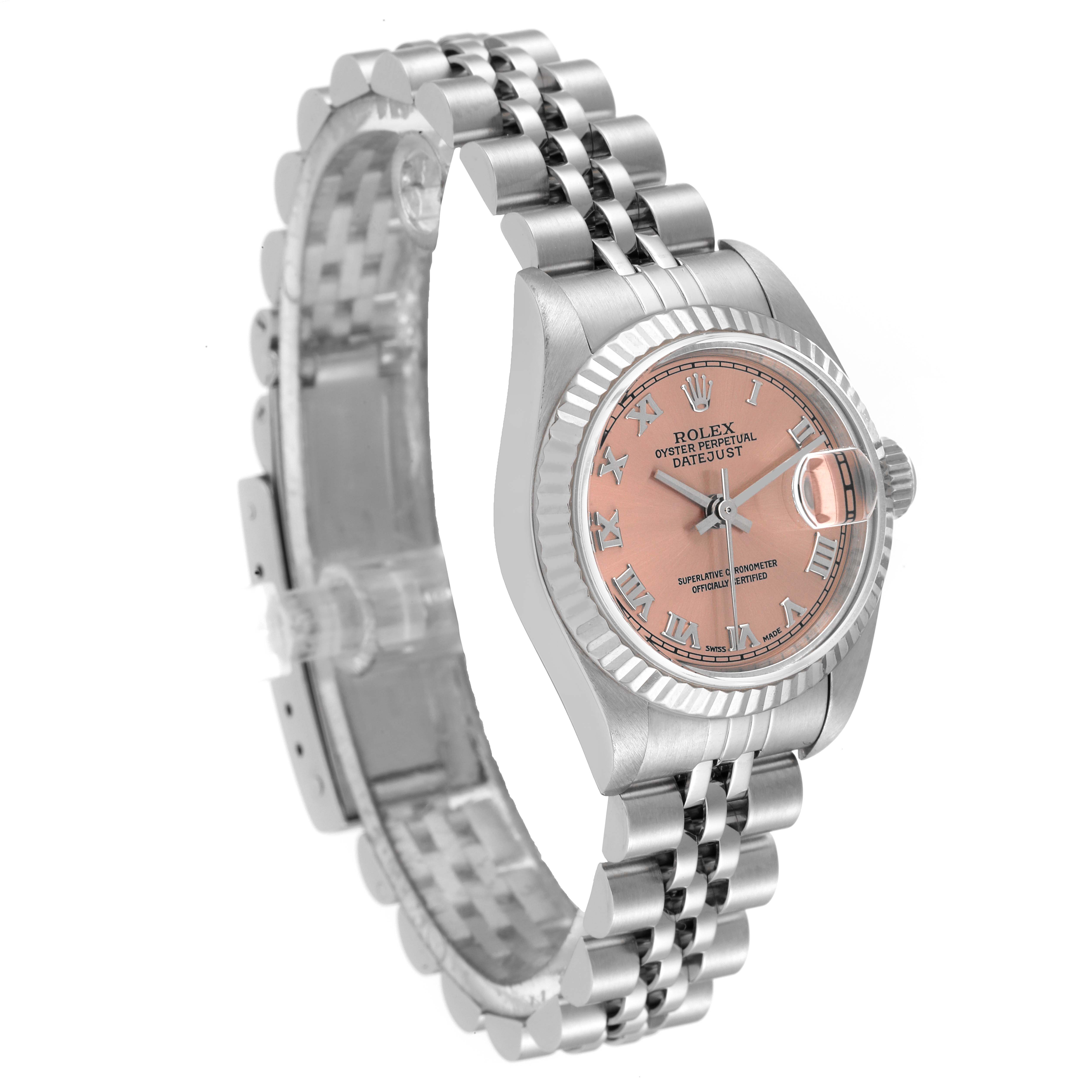 The image shows a Rolex Datejust 79174 Women's Stainless Steel Pink Dial 79174 Women's Stainless Steel Pink Dial watch angled to display the dial, bezel, case, and bracelet.