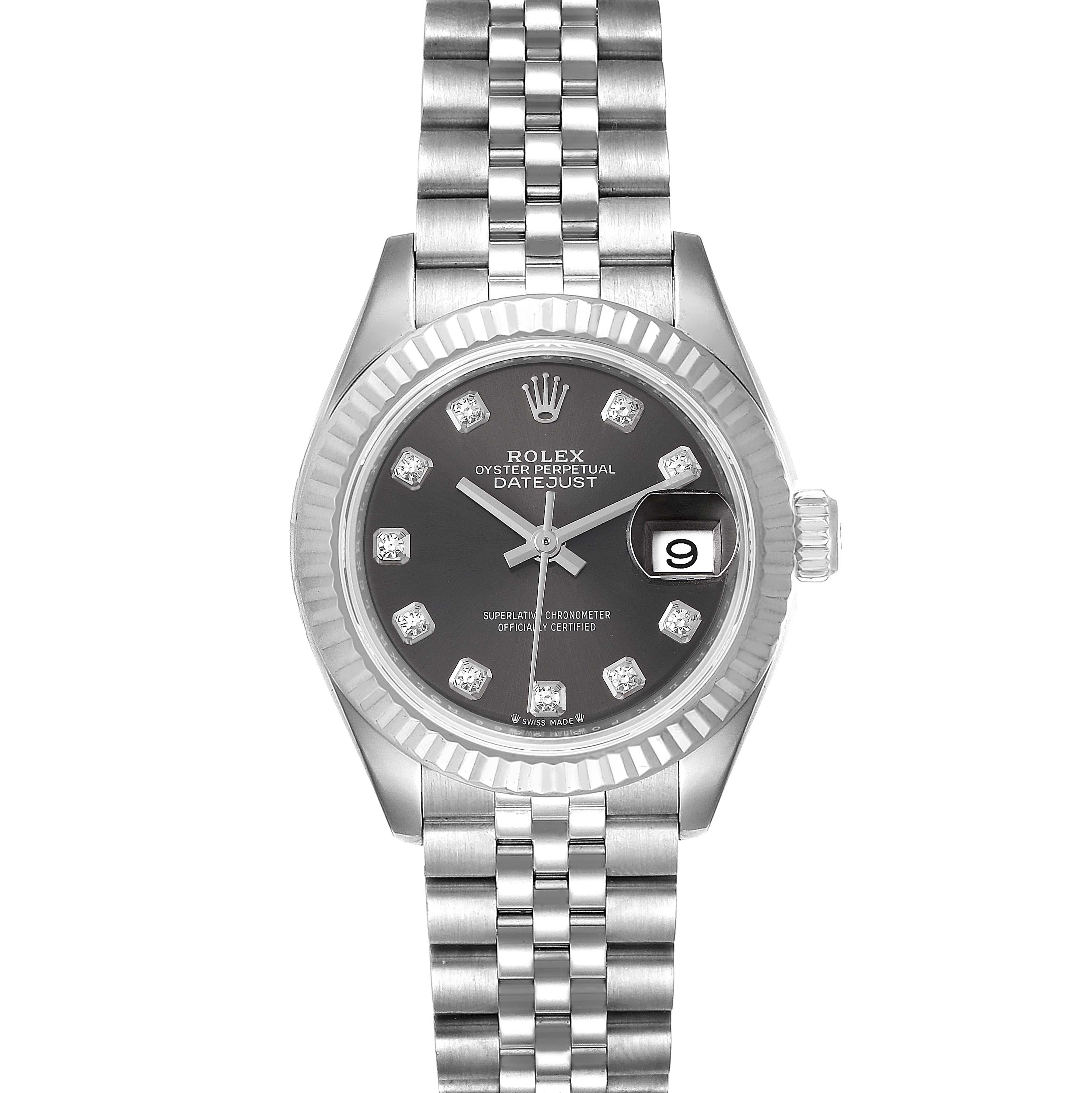 The image shows a front-facing view of a Rolex Datejust 279174 Women's Stainless Steel Grey Dial 279174 Women's Stainless Steel Grey Dial watch, highlighting the dial, bezel, and bracelet.