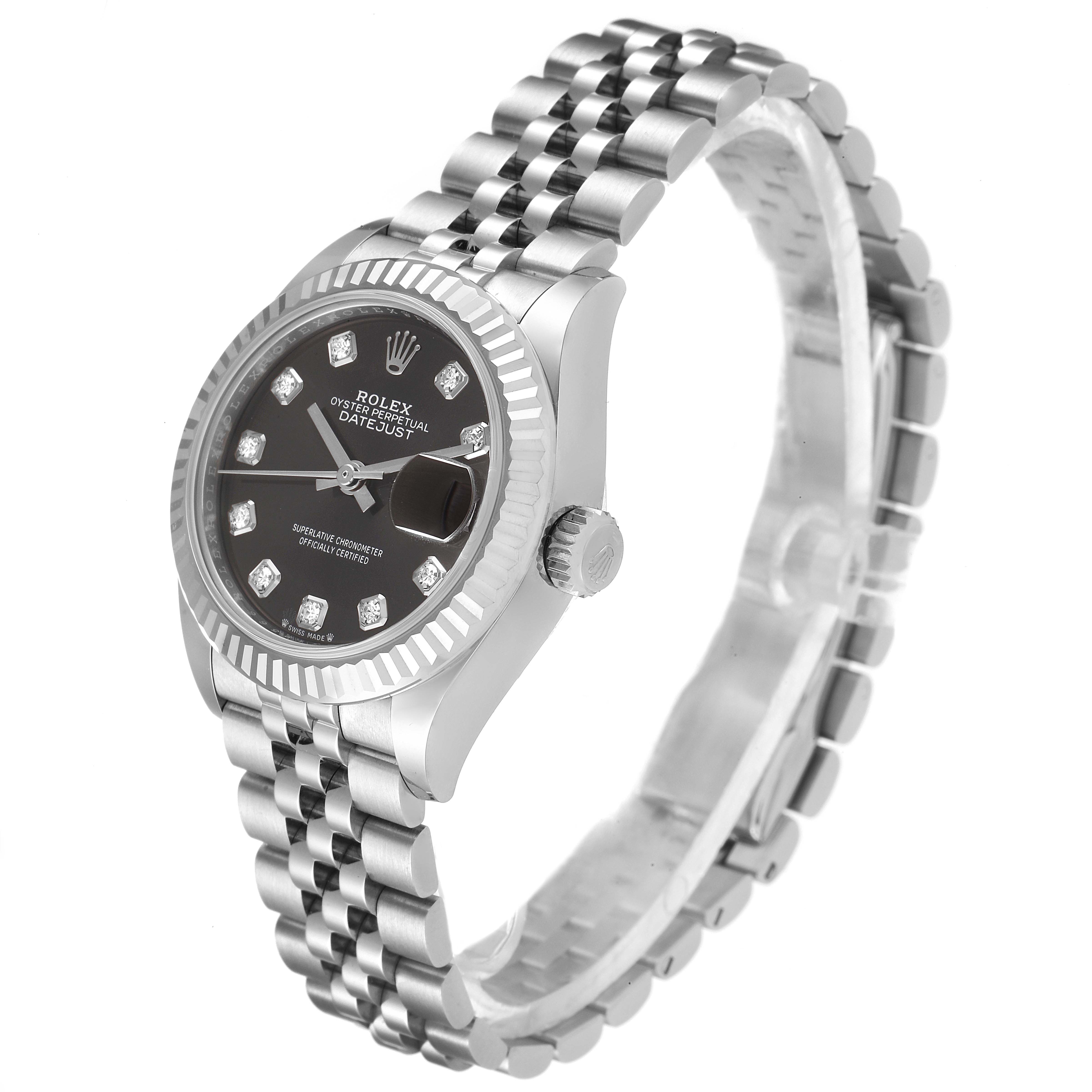 The image shows a Rolex Datejust 279174 Women's Stainless Steel Grey Dial 279174 Women's Stainless Steel Grey Dial watch at an angled side view, highlighting the dial, bezel, crown, and part of the bracelet.