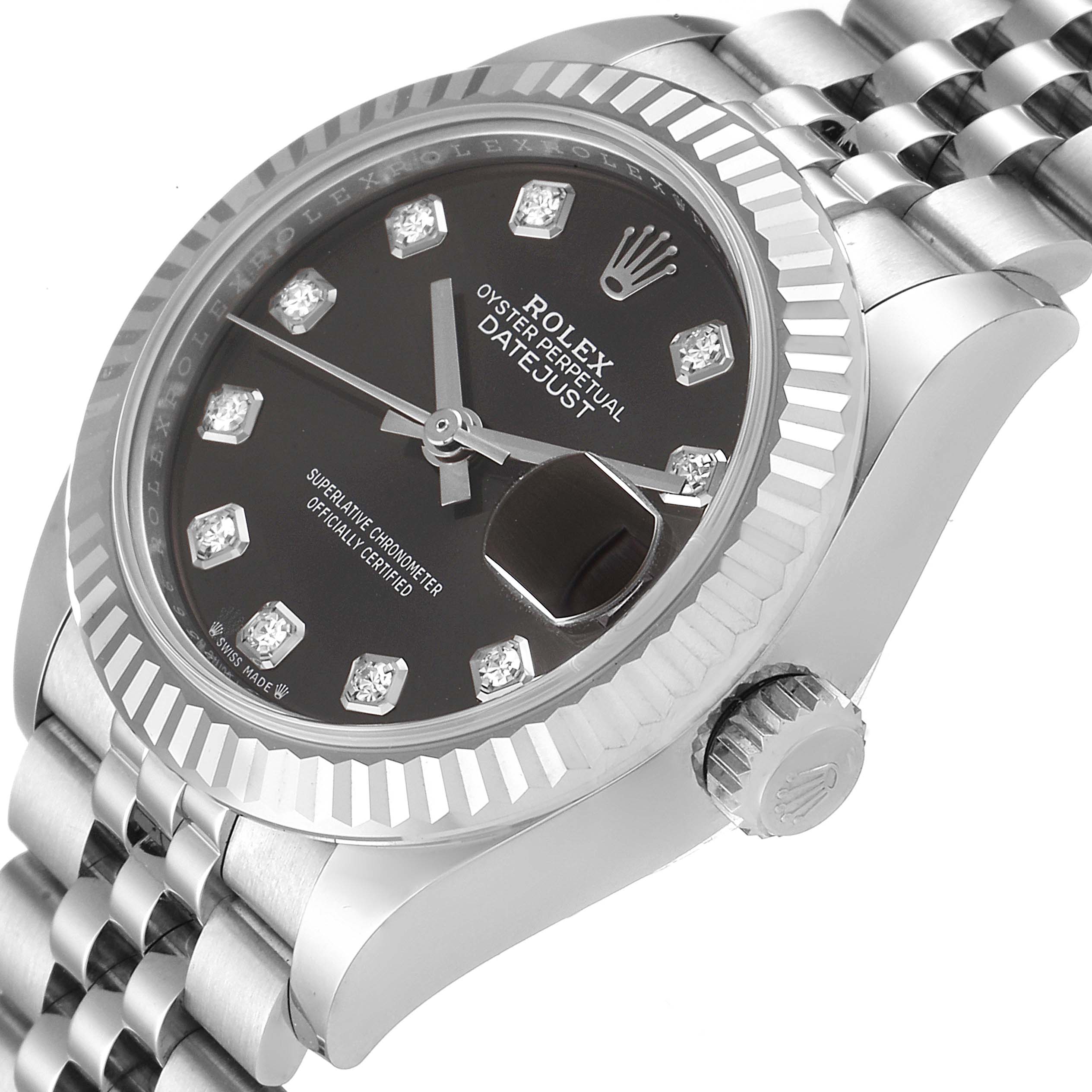 This image shows a tilted close-up of the dial, bezel, and partially the bracelet of a Rolex Datejust 279174 Women's Stainless Steel Grey Dial 279174 Women's Stainless Steel Grey Dial.
