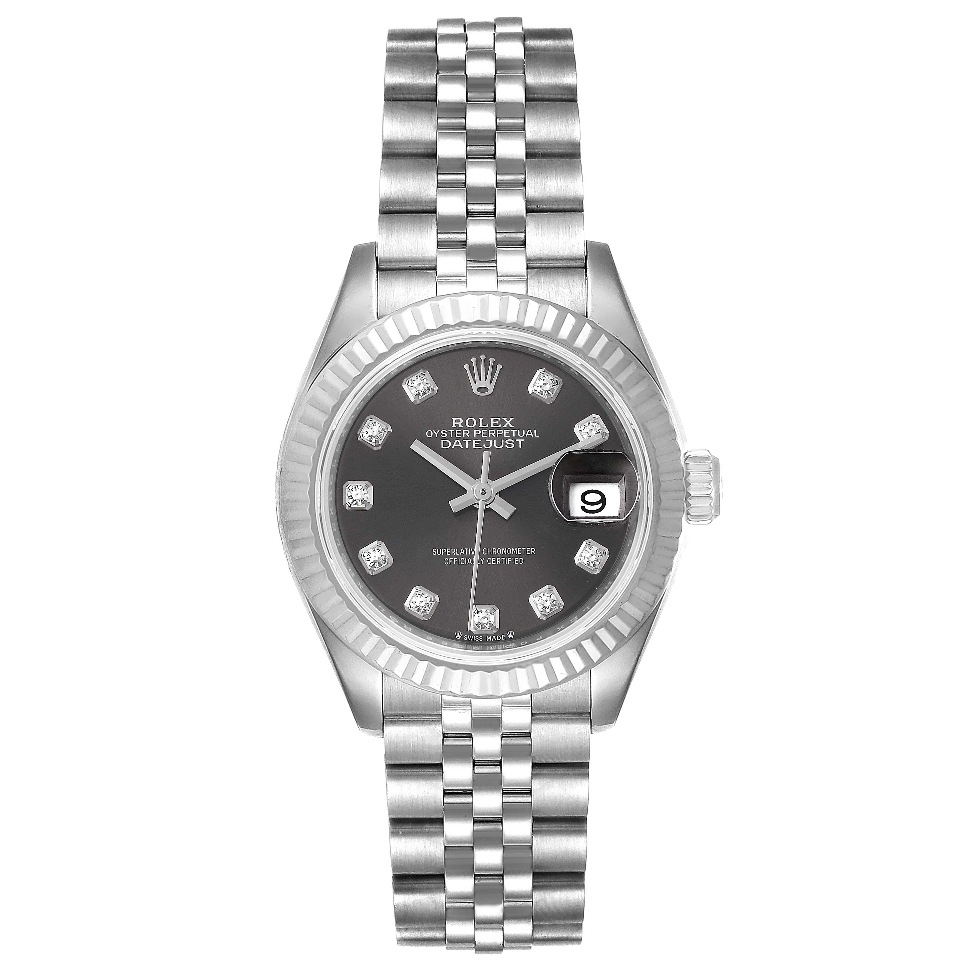 The image shows a front view of a Rolex Datejust 279174 Women's Stainless Steel Grey Dial 279174 Women's Stainless Steel Grey Dial watch, displaying the dial, bracelet, bezel, and date window.