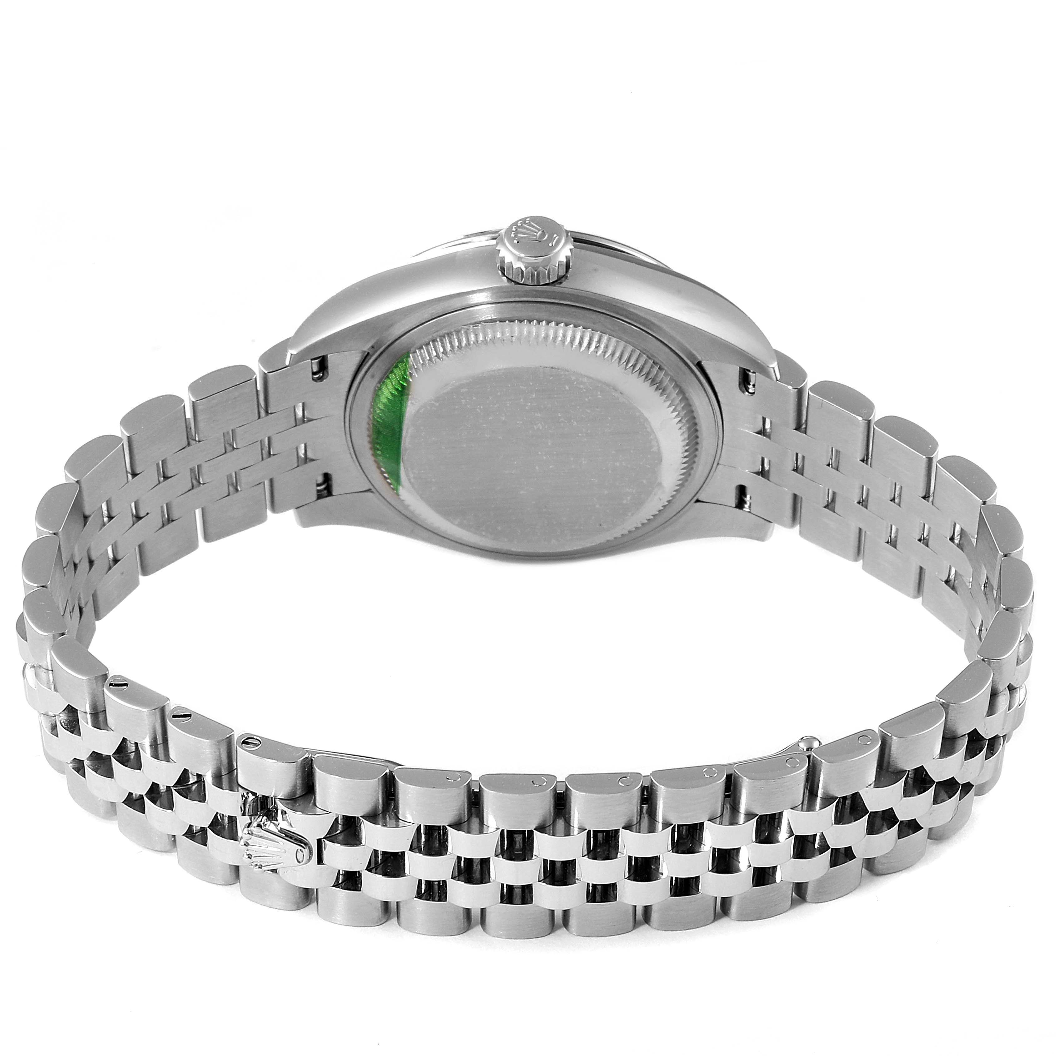 The image shows a rear angle of a Rolex Datejust 279174 Women's Stainless Steel Grey Dial 279174 Women's Stainless Steel Grey Dial watch focusing on the case back and bracelet.