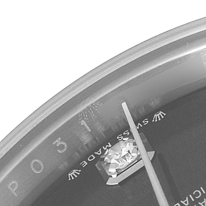 The image shows a close-up of the dial and diamond marker of a Rolex Datejust 279174 Women's Stainless Steel Grey Dial 279174 Women's Stainless Steel Grey Dial watch, displaying the "Swiss Made" text.
