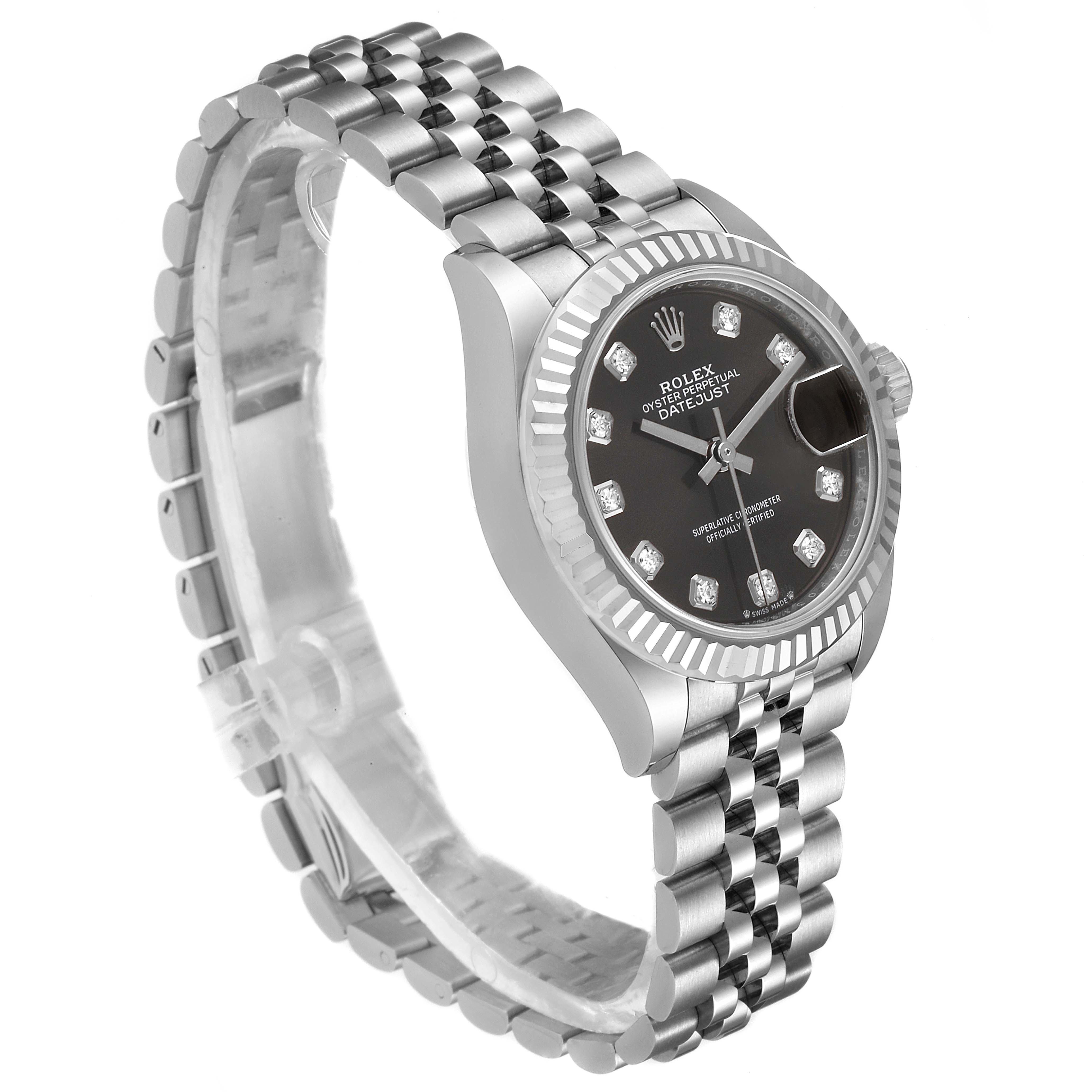 This is a side-angle view of a Rolex Datejust 279174 Women's Stainless Steel Grey Dial 279174 Women's Stainless Steel Grey Dial watch, showing the face with diamond markers, bezel, crown, and Jubilee bracelet.