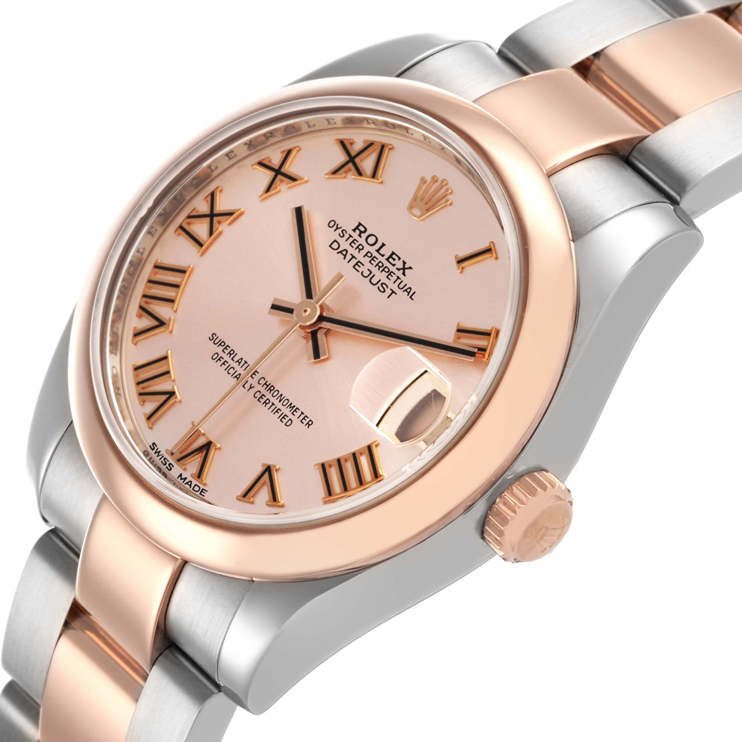The Rolex Datejust Mid-Size is shown at an angle displaying the bezel, dial, bracelet, crown, and date magnifier.