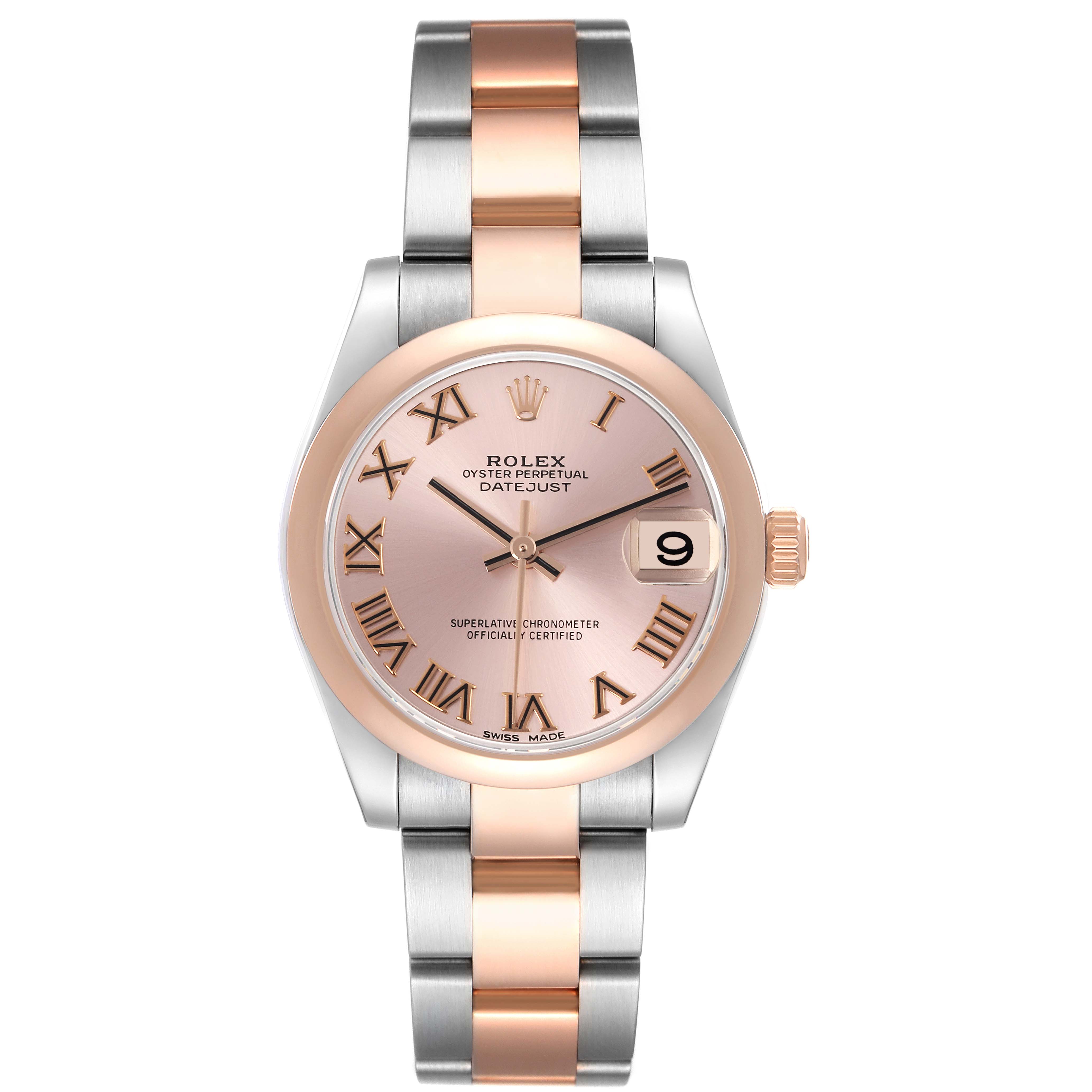 The Rolex Datejust Mid-Size watch is shown from the front, featuring a two-tone bracelet and a date display.