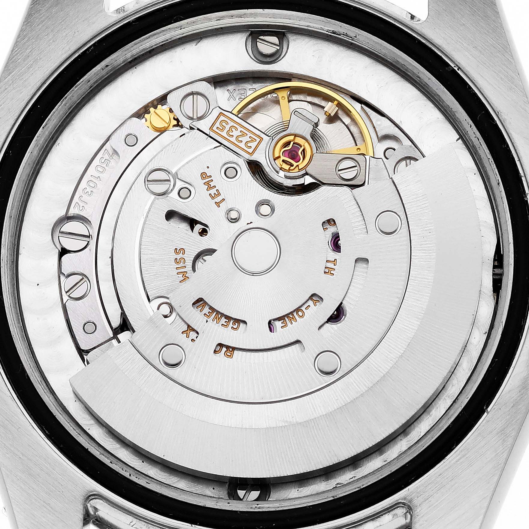 The image shows the back view of a Rolex Mid-Size 178241 Women's Steel and Gold (two tone) Pink Dial 178241 Women's Steel and Gold (two tone) Pink Dial watch, highlighting its mechanical movement and rotor parts.