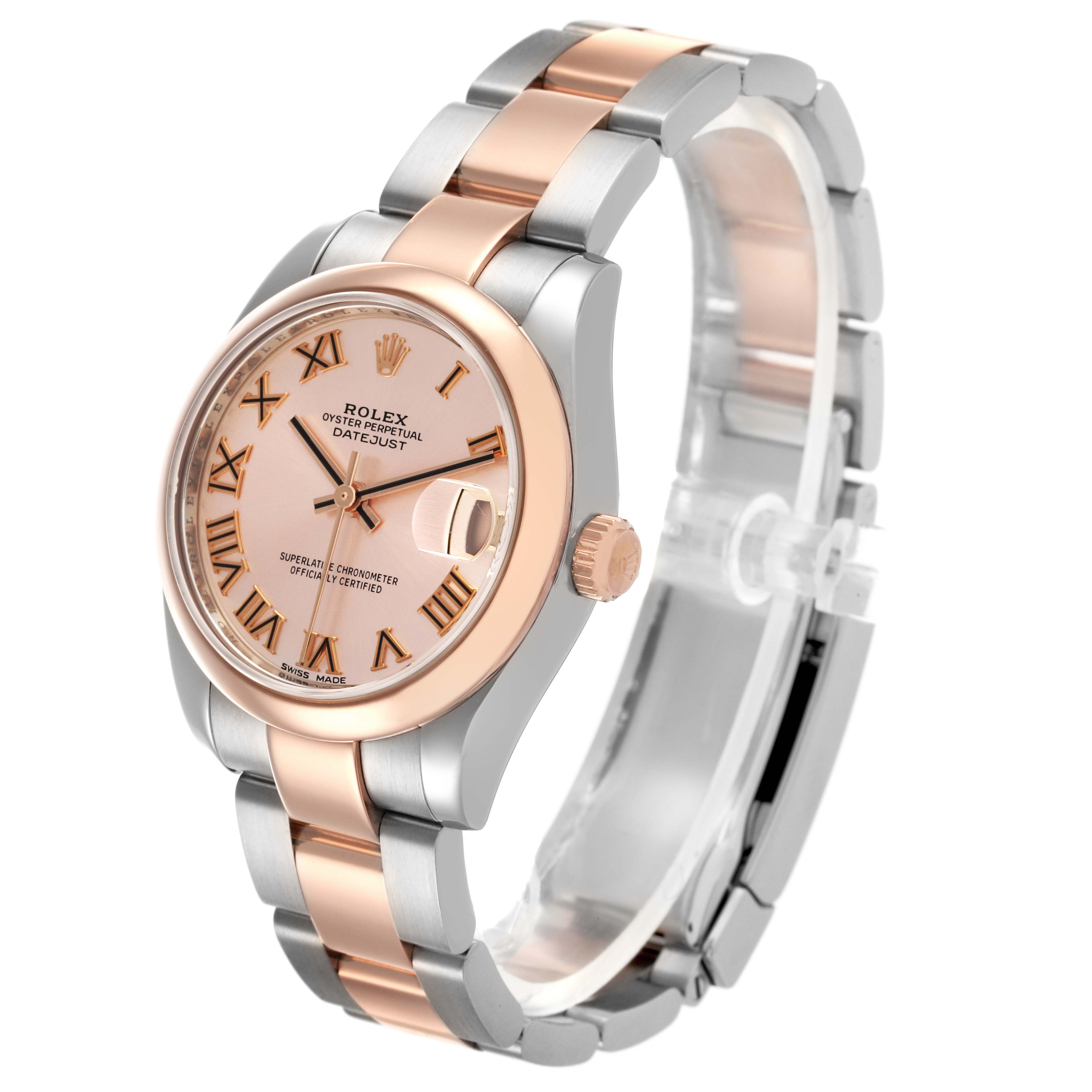 The Rolex Mid-Size 178241 Women's Steel and Gold (two tone) Pink Dial 178241 Women's Steel and Gold (two tone) Pink Dial Datejust is shown at a three-quarter angle, displaying its face and band.