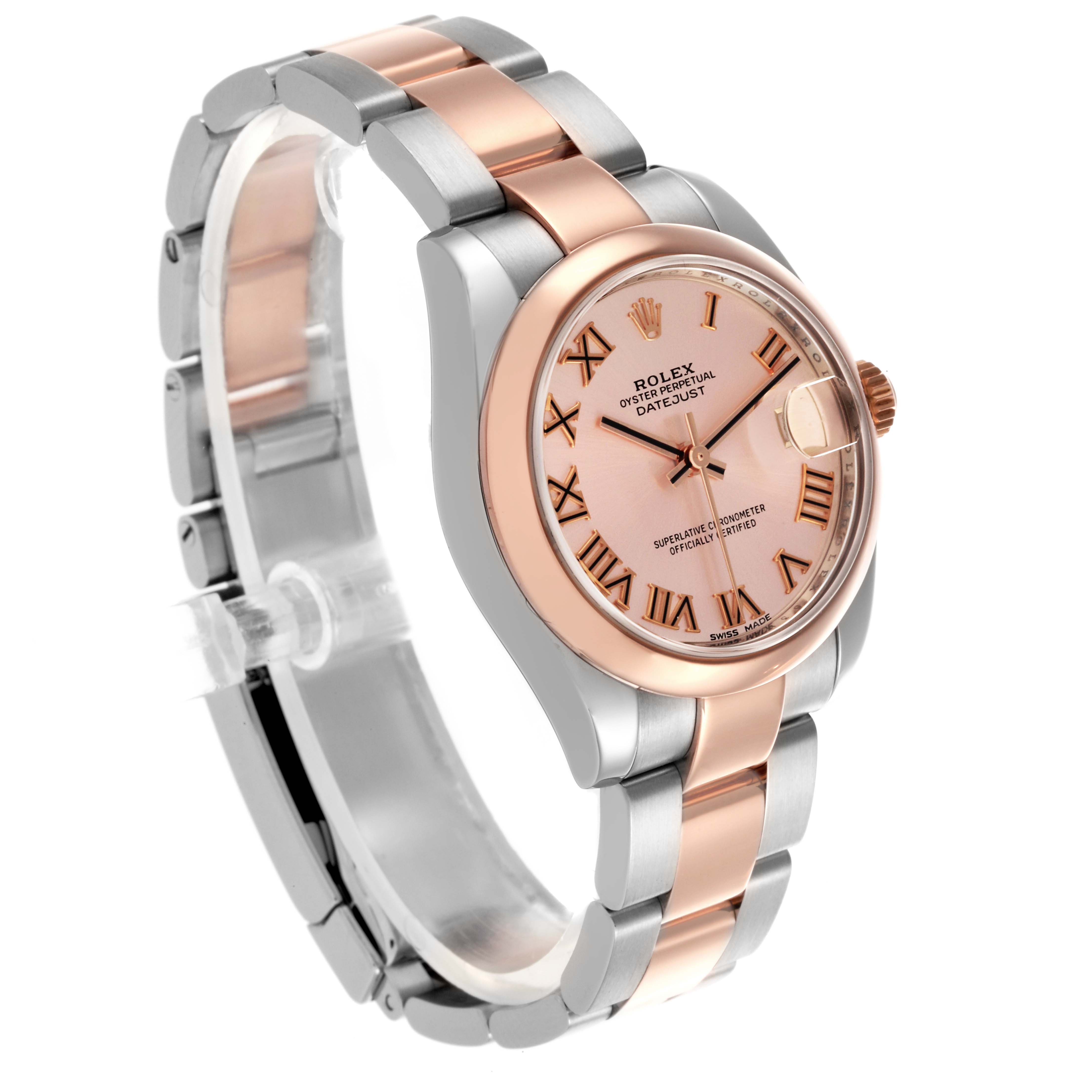 The Rolex Mid-Size 178241 Women's Steel and Gold (two tone) Pink Dial 178241 Women's Steel and Gold (two tone) Pink Dial watch is shown at a slight angle, highlighting the rose gold and silver bracelet and Roman numeral dial.