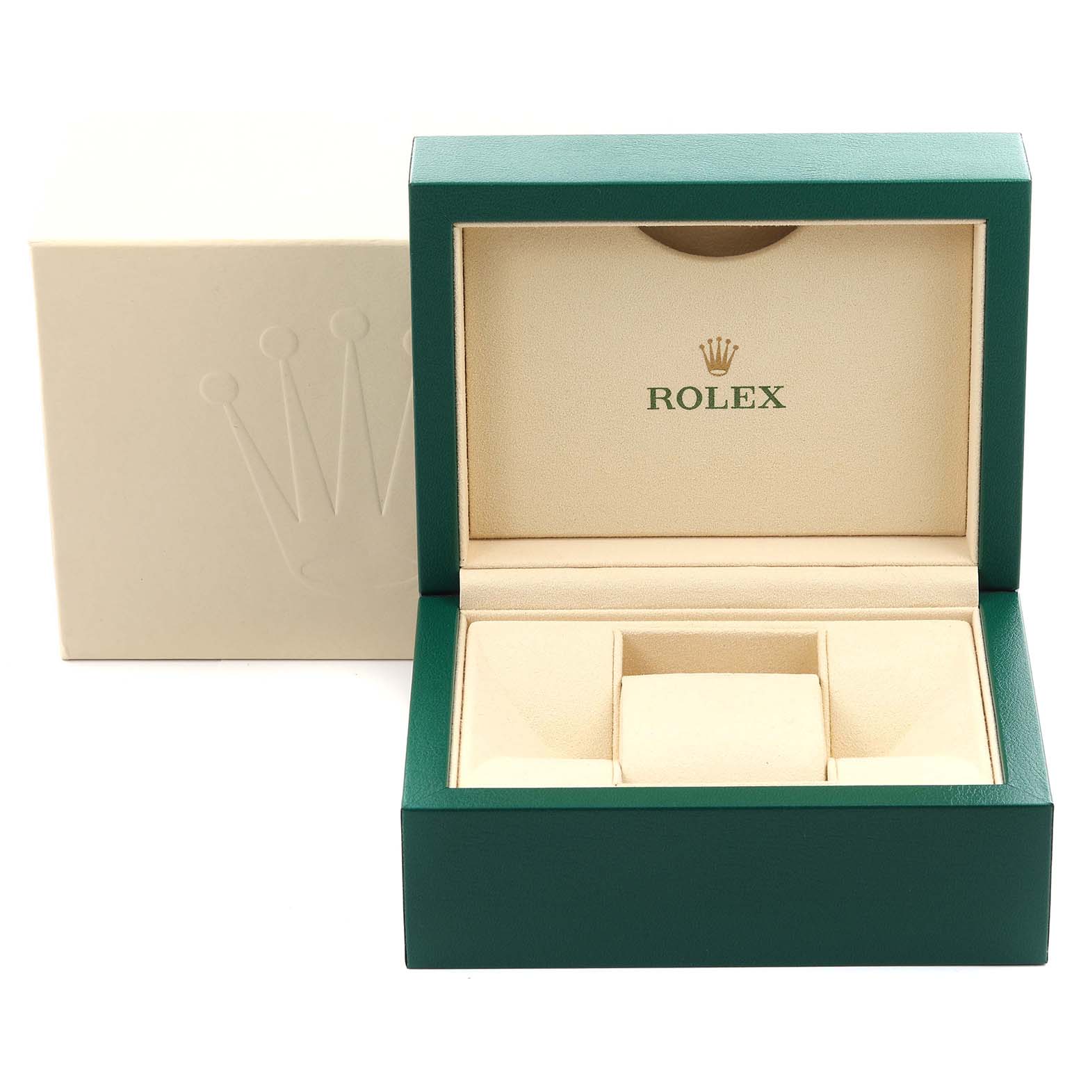 The image shows a Rolex Mid-Size 178241 Women's Steel and Gold (two tone) Pink Dial 178241 Women's Steel and Gold (two tone) Pink Dial watch box, open to display its beige interior with compartments.