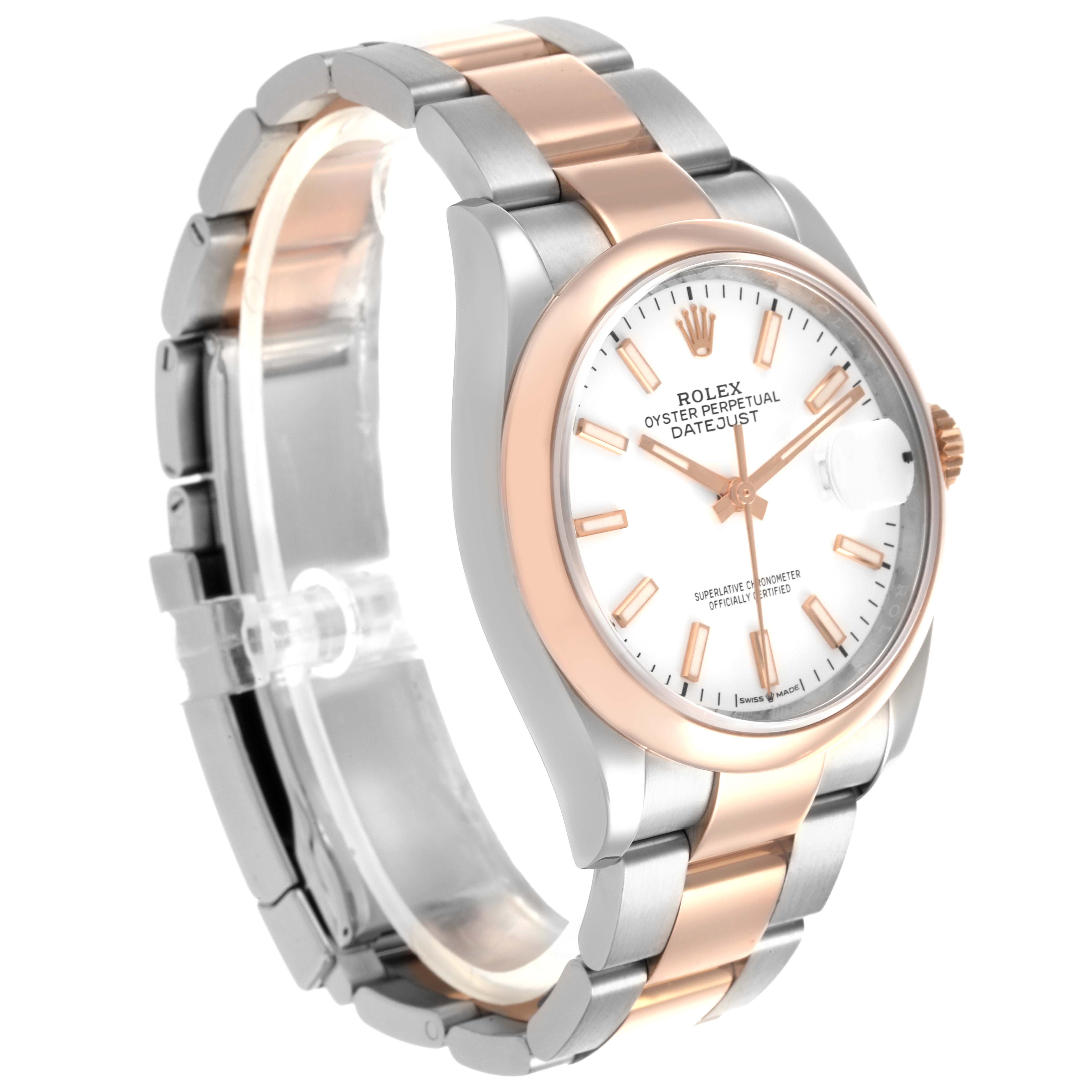 The Rolex Datejust 126201 Men's Steel and Gold (two tone) White Dial 126201 Men's Steel and Gold (two tone) White Dial watch is shown at a three-quarter angle, displaying the dial, bezel, crown, and the two-tone bracelet.