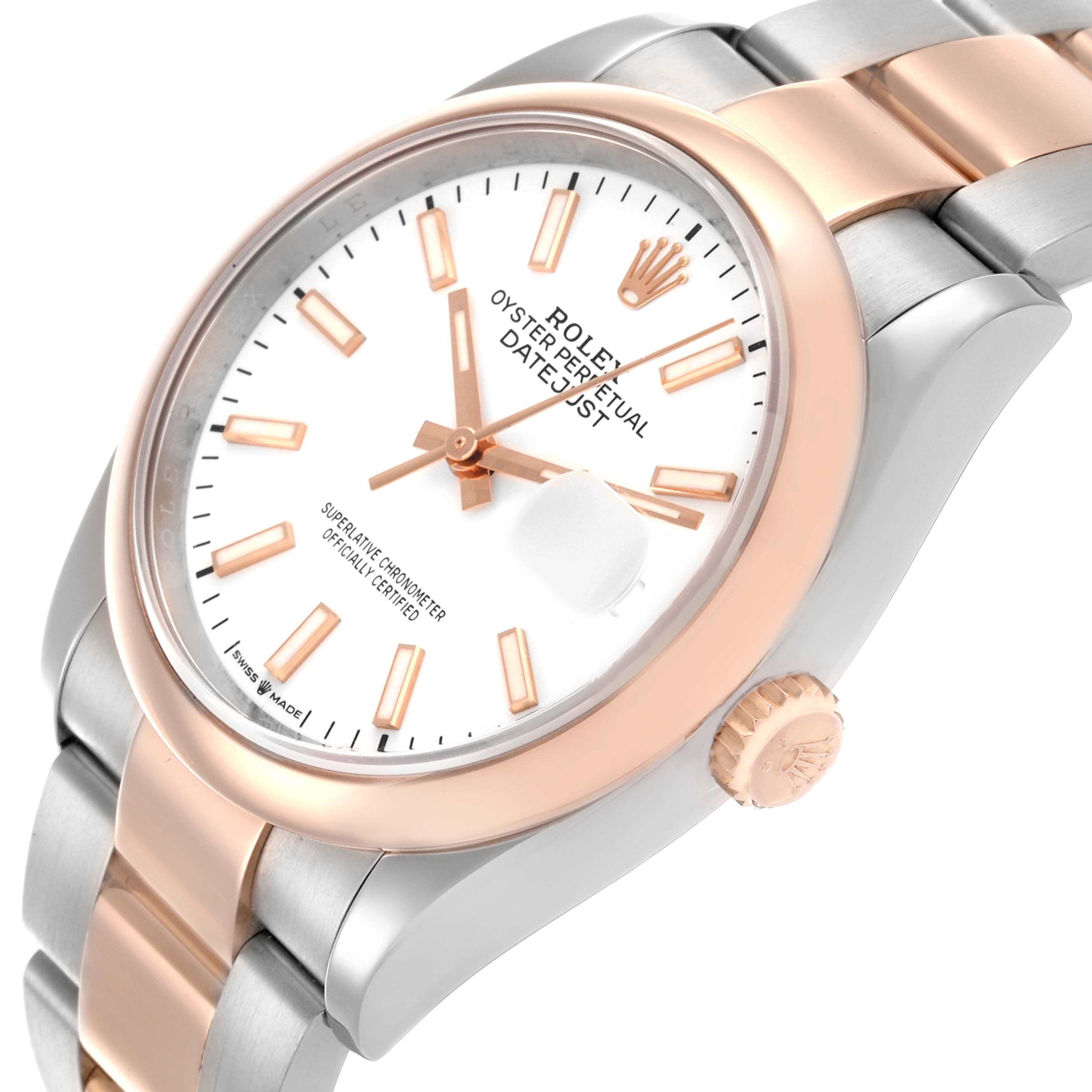 The Rolex Datejust 126201 Men's Steel and Gold (two tone) White Dial 126201 Men's Steel and Gold (two tone) White Dial watch is shown at a slight angle, displaying the dial, bezel, bracelet, and crown.