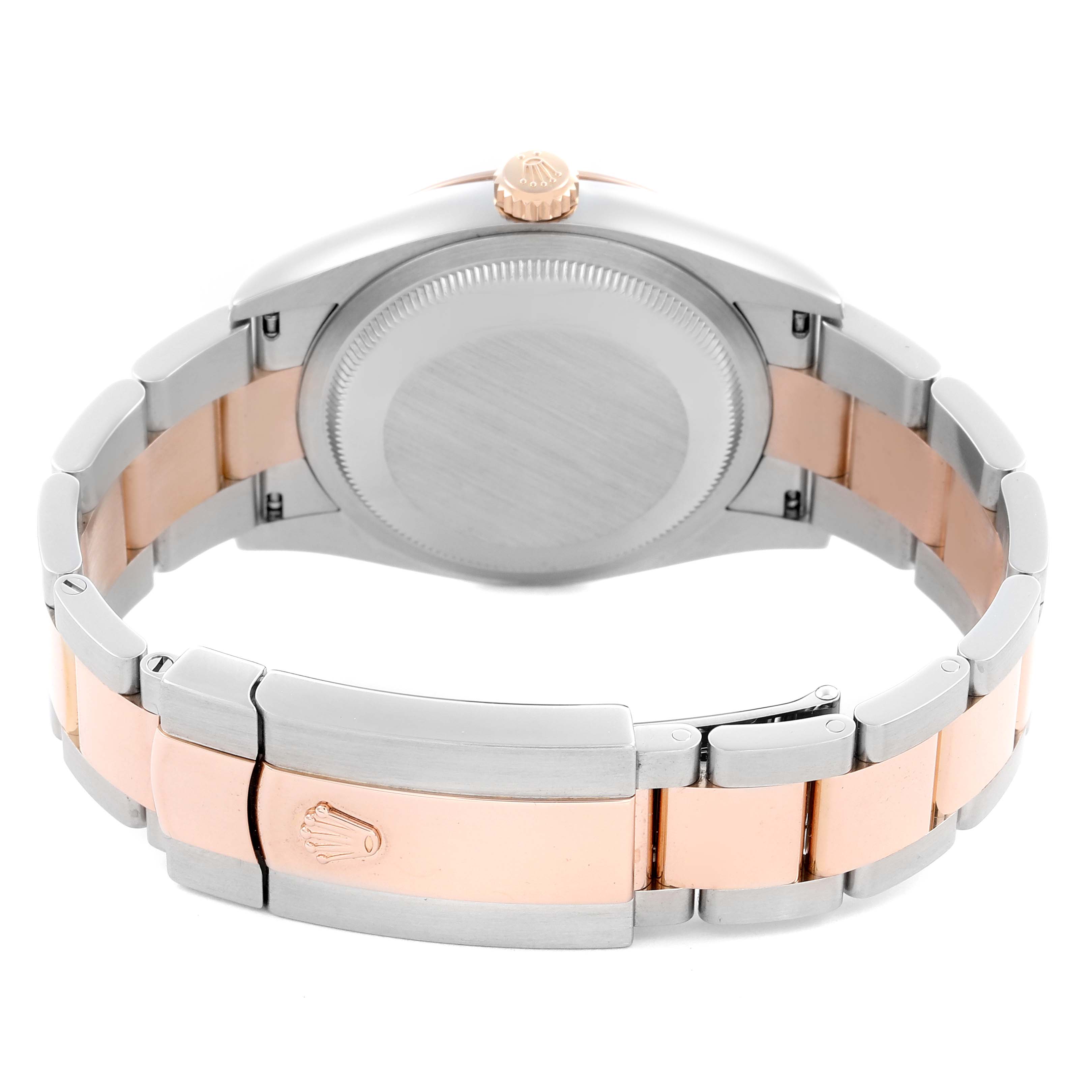 The image shows the back of a Rolex Datejust 126201 Men's Steel and Gold (two tone) White Dial 126201 Men's Steel and Gold (two tone) White Dial watch, highlighting the bracelet, clasp, and case back.