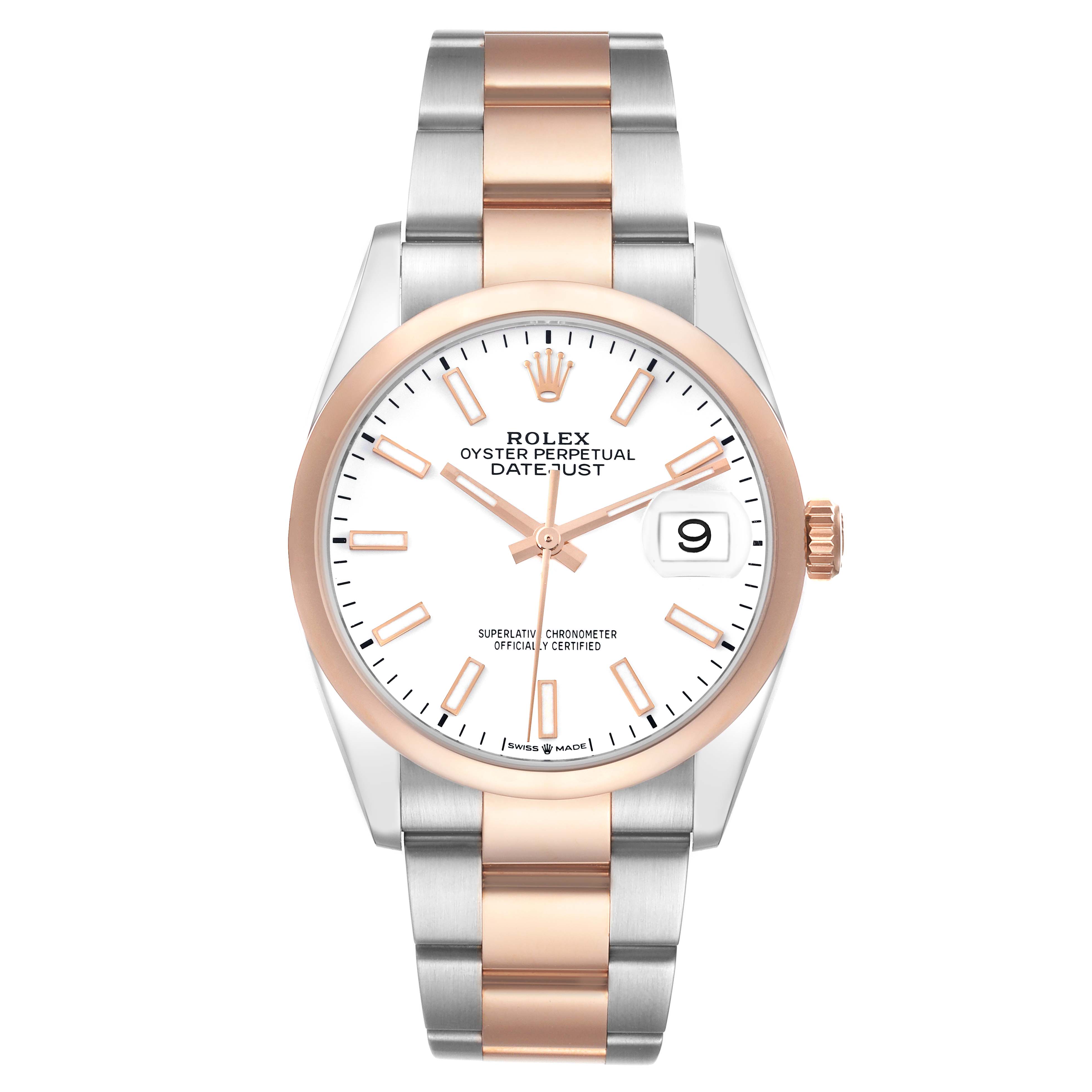 The Rolex Datejust 126201 Men's Steel and Gold (two tone) White Dial 126201 Men's Steel and Gold (two tone) White Dial watch is shown from the front, displaying its dial, bezel, and two-tone bracelet.