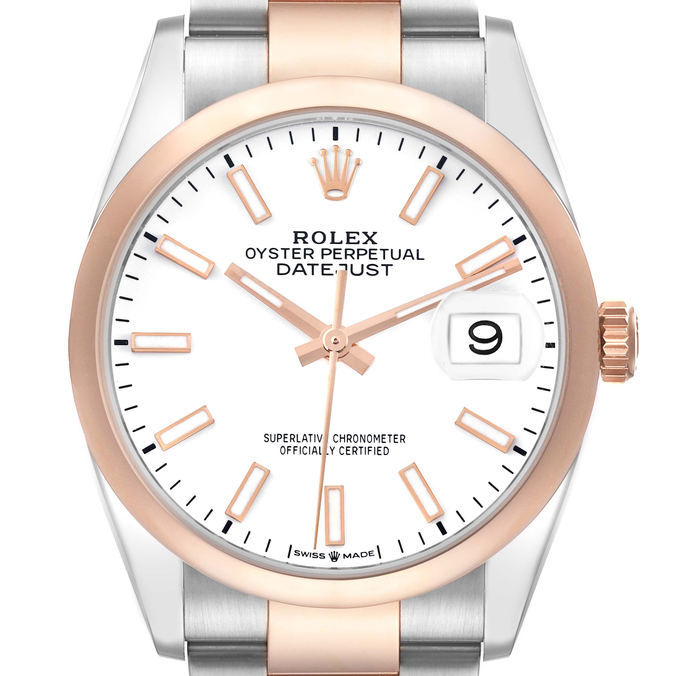 The Rolex Datejust 126201 Men's Steel and Gold (two tone) White Dial 126201 Men's Steel and Gold (two tone) White Dial watch is shown from the front, highlighting the dial, bezel, and part of the bracelet.