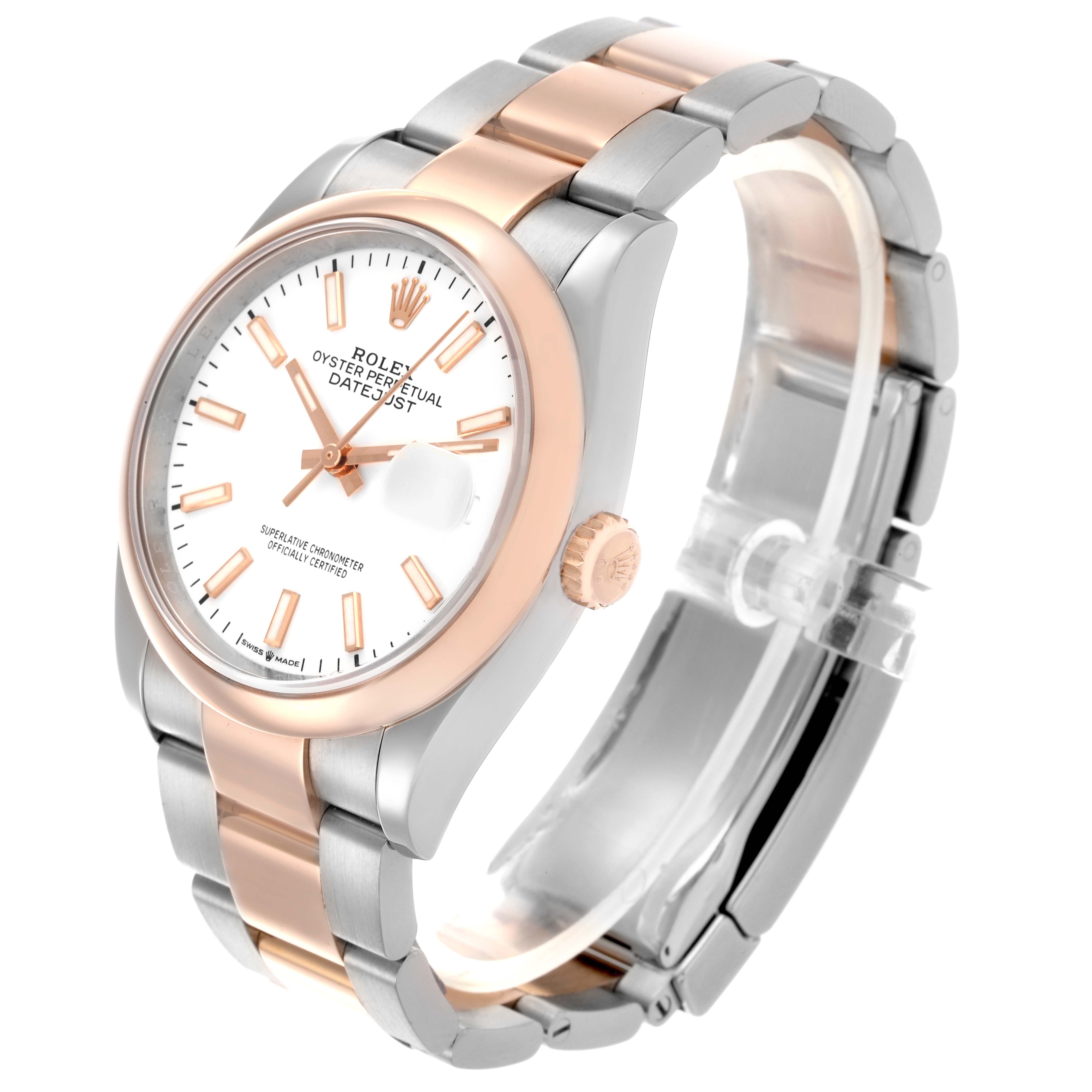 The Rolex Datejust 126201 Men's Steel and Gold (two tone) White Dial 126201 Men's Steel and Gold (two tone) White Dial watch is shown at a front-side angle, highlighting its dial, bezel, and two-tone band.