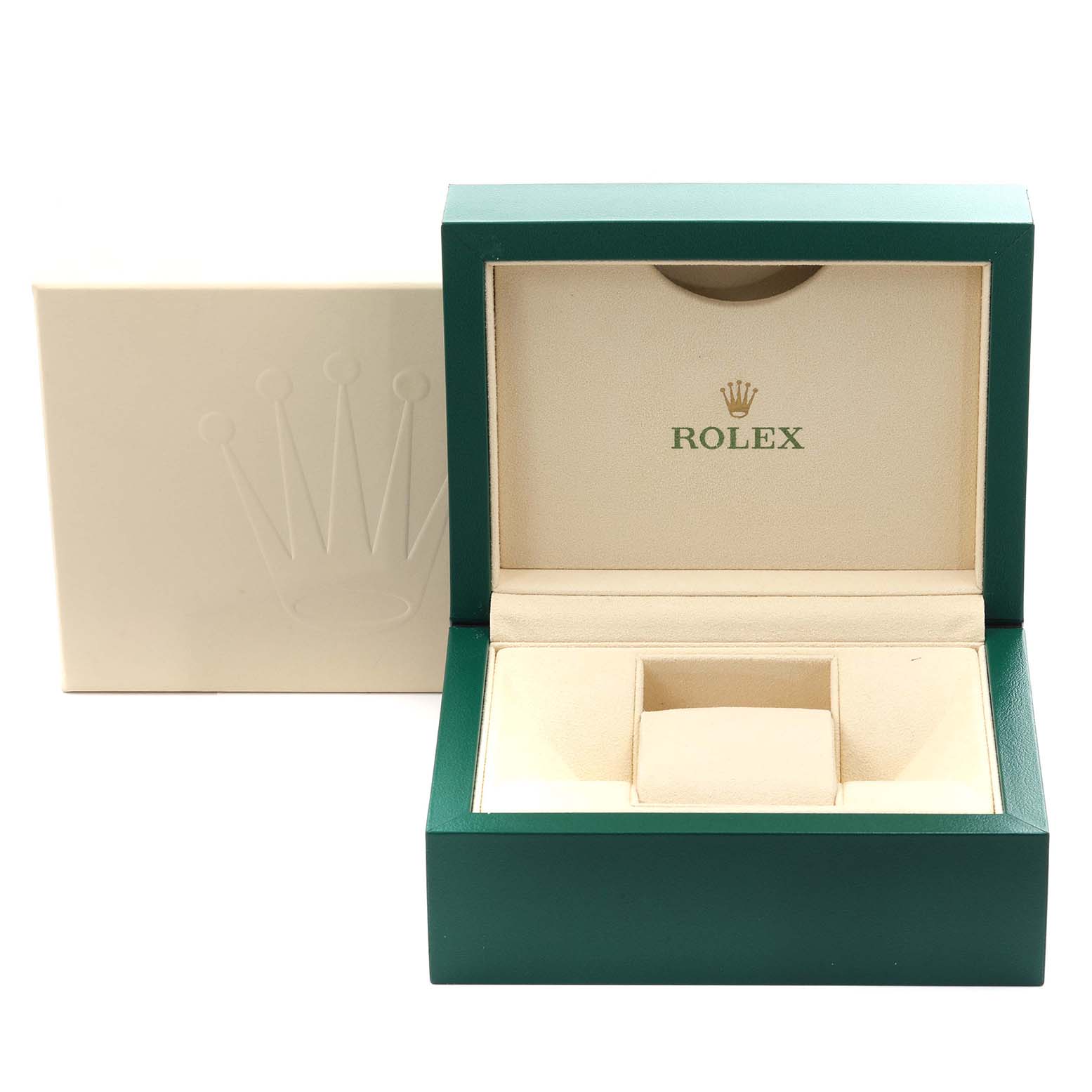 The image shows an open Rolex Datejust 126201 Men's Steel and Gold (two tone) White Dial 126201 Men's Steel and Gold (two tone) White Dial watch box with interior cushioning, displaying the brand logo.