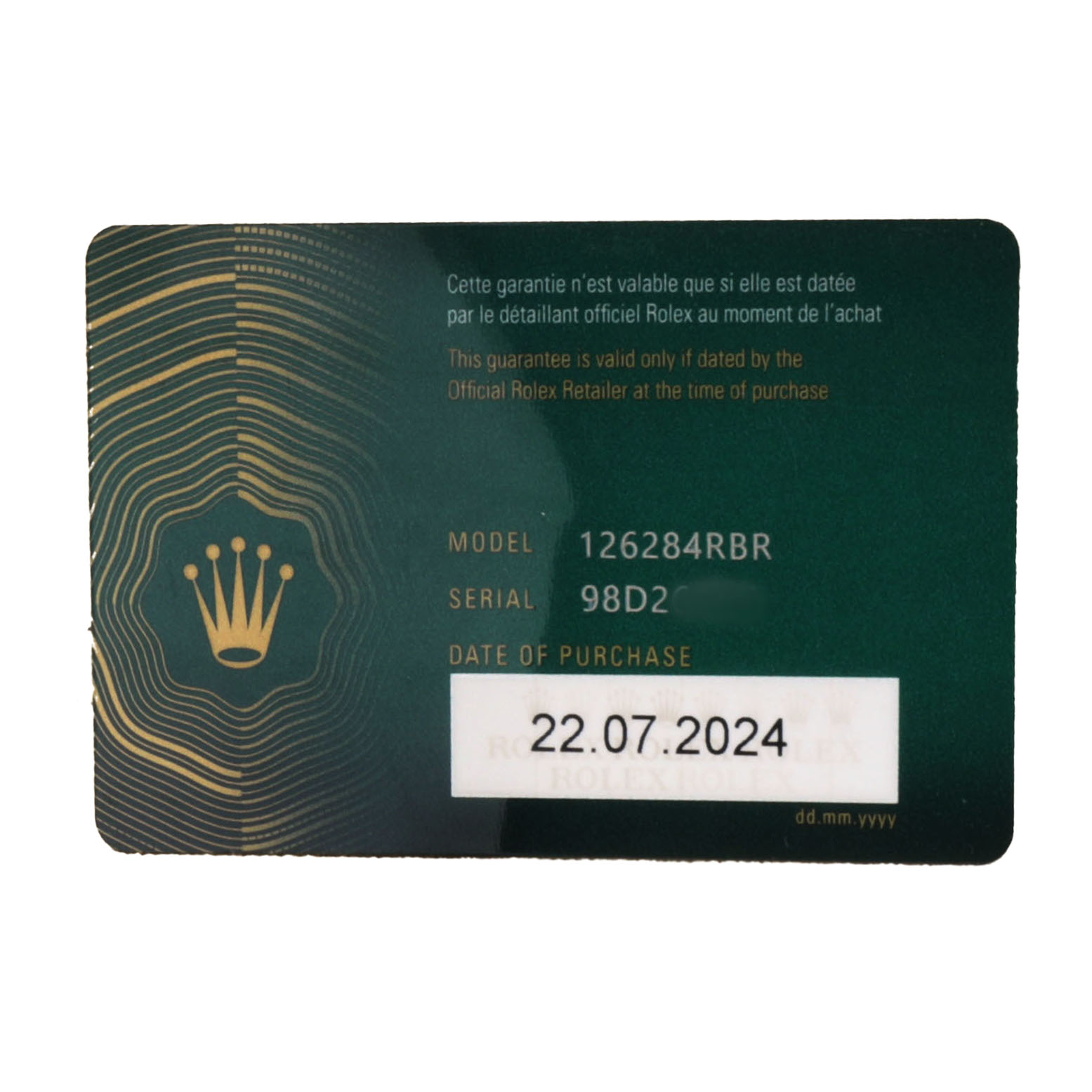 The image shows a Rolex Datejust 126284RBR Men's Stainless Steel Purple Dial warranty card, displaying model, serial number, and purchase date.