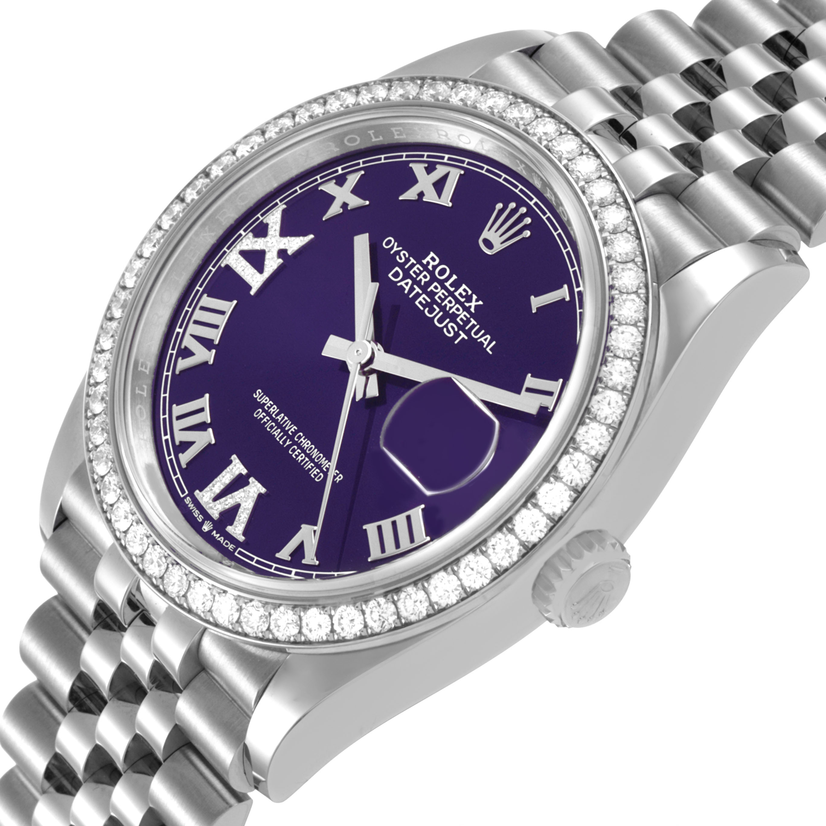 The Rolex Datejust 126284RBR Men's Stainless Steel Purple Dial watch is shown at an angle displaying the dial, bezel, crown, and bracelet.