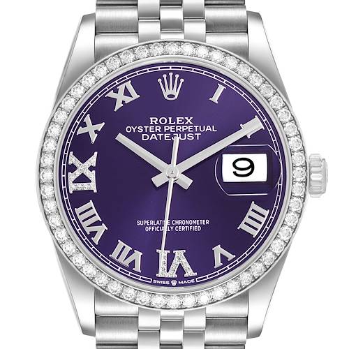 The Rolex Datejust 126284RBR Men's Stainless Steel Purple Dial watch is shown from the front, displaying the face, bezel, and part of the bracelet.