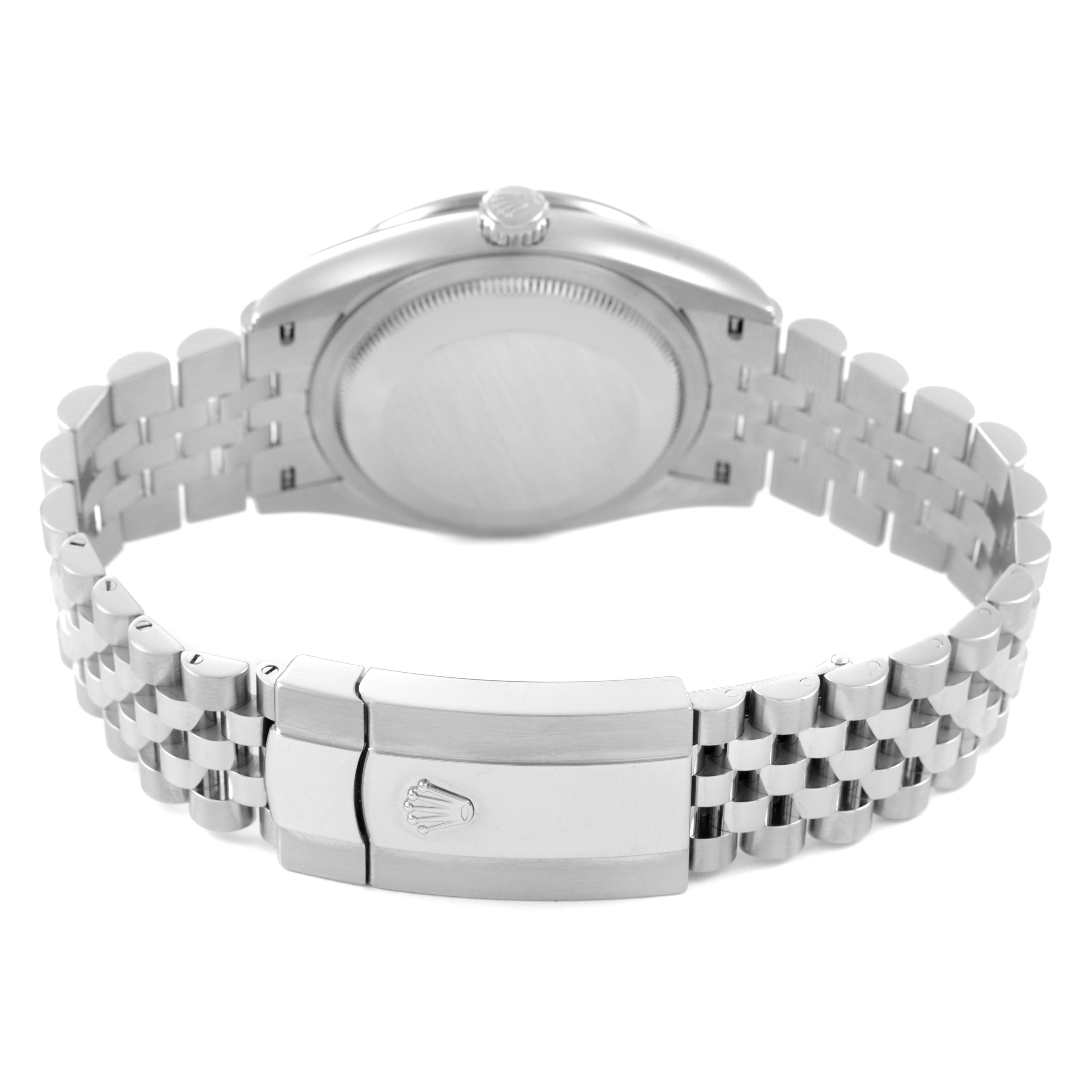 The Rolex Datejust 126284RBR Men's Stainless Steel Purple Dial watch is shown from the back, focusing on the clasp and bracelet.